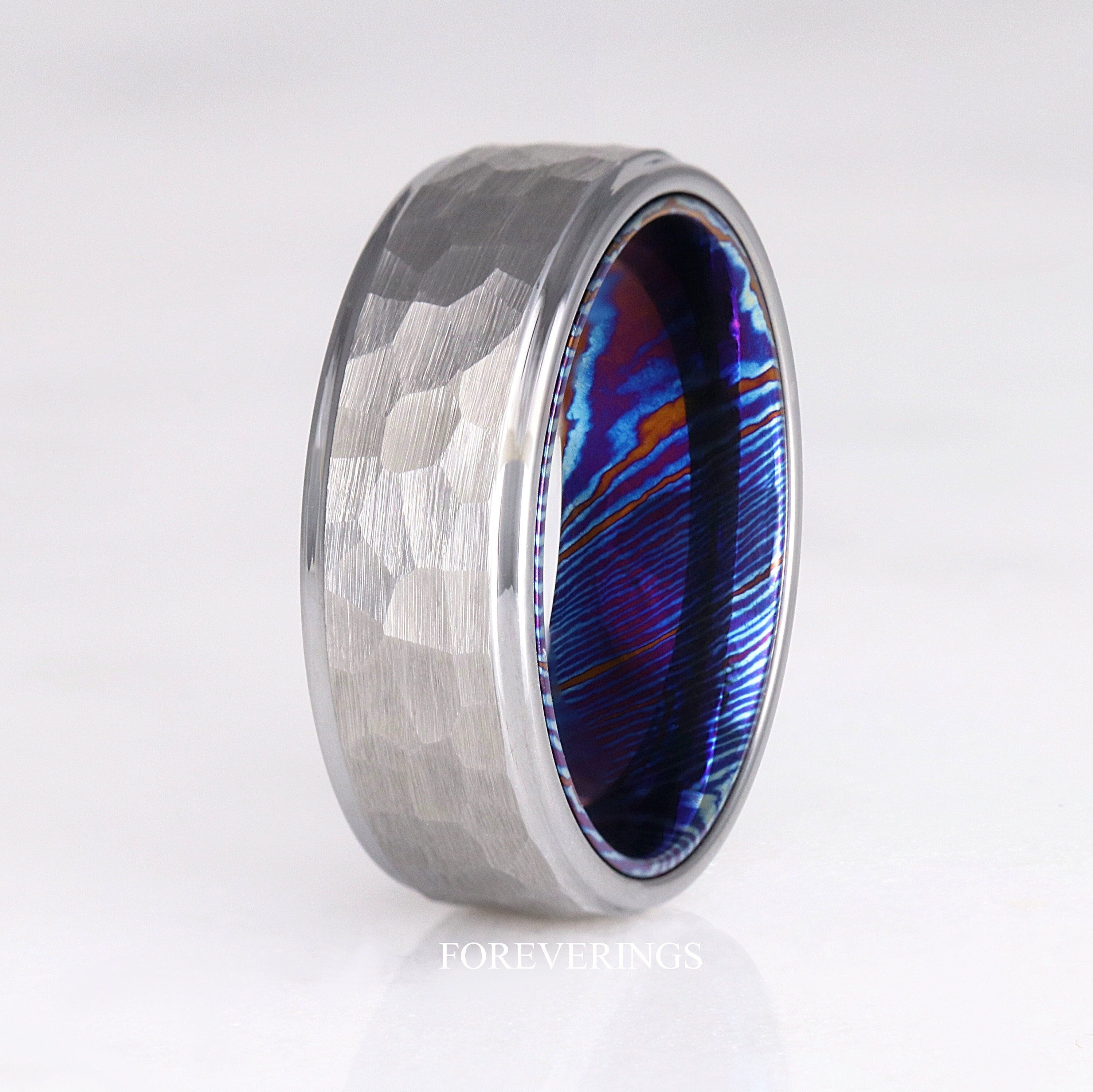 Timascus Hammered Band, Man Wedding Ring, 8mm Silver Tungsten Band, Matte Brush, Flat, Man Engagement Ring, Blue Promise Ring, Engraving