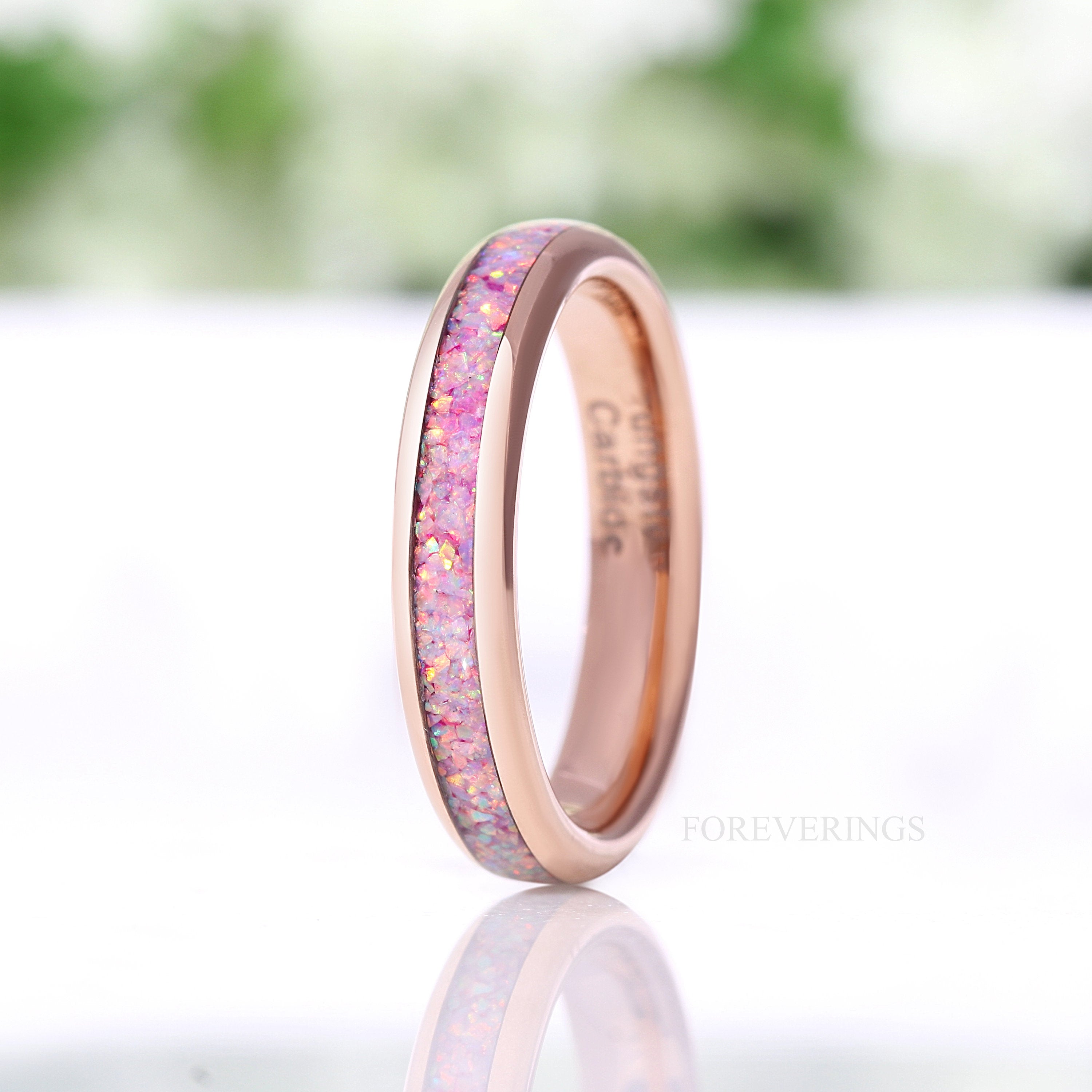 Unicorn Fire Opal Ring, Rose Gold Wedding Band, Rose Gold Tungsten Ring, Pink Purple Opal, Polish, Dome, Men Women Promise Ring, Engrave