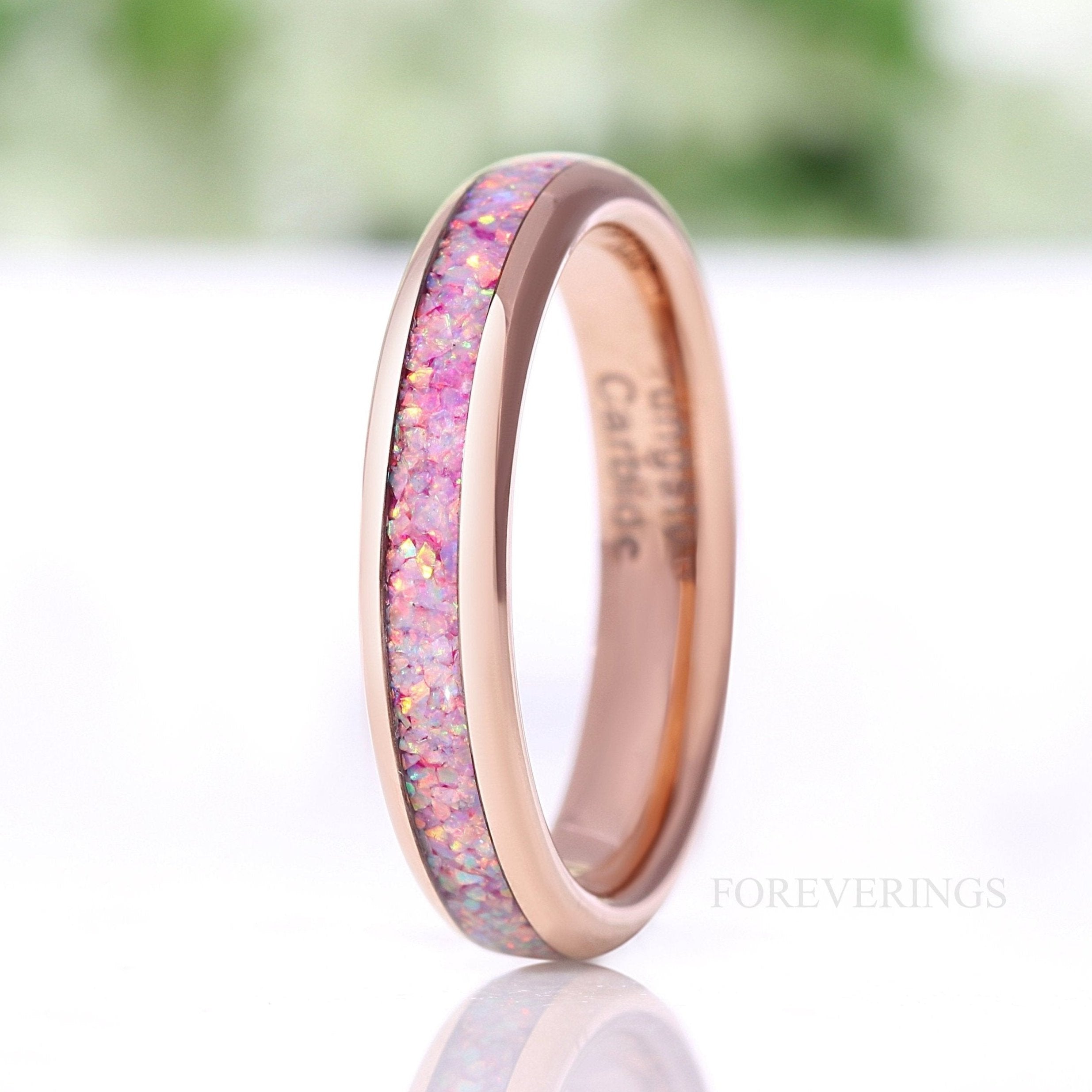 Unicorn Fire Opal Ring, Rose Gold Wedding Band, Rose Gold Tungsten Ring, Pink Purple Opal, Polish, Dome, Men Women Promise Ring, Engrave