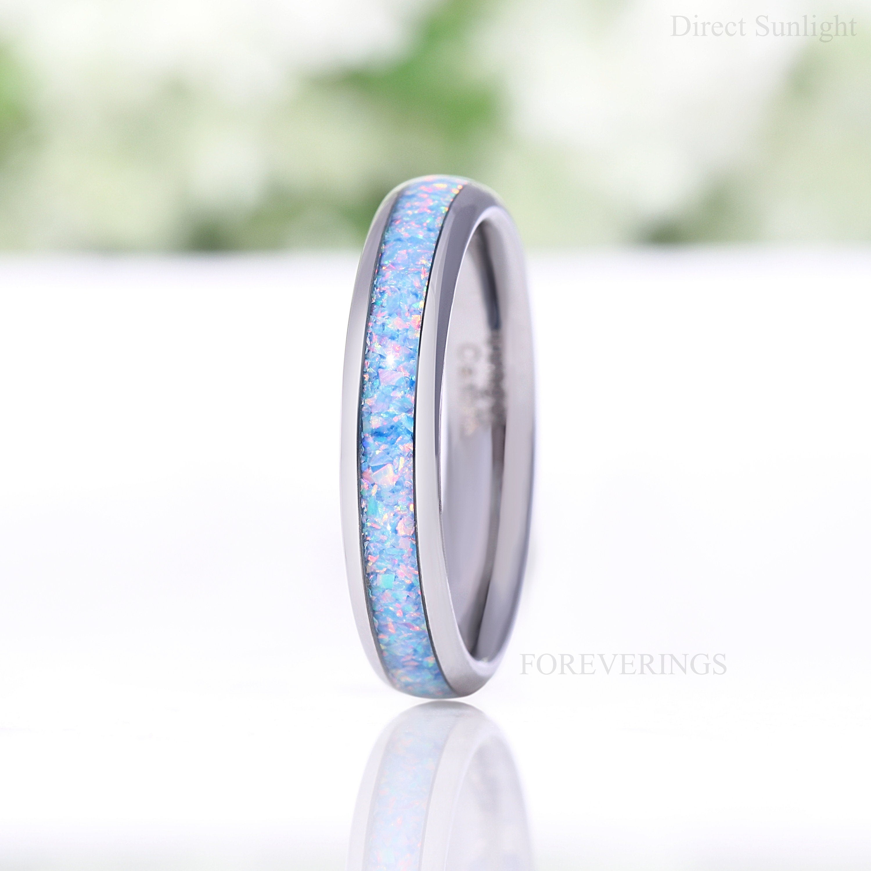 Rainbow Opal Ring, 4mm Silver Tungsten Wedding Band, No Plating, Polish, Dome, Comfort Fit, Unique Ring, Men Women Ring, October Birthstone