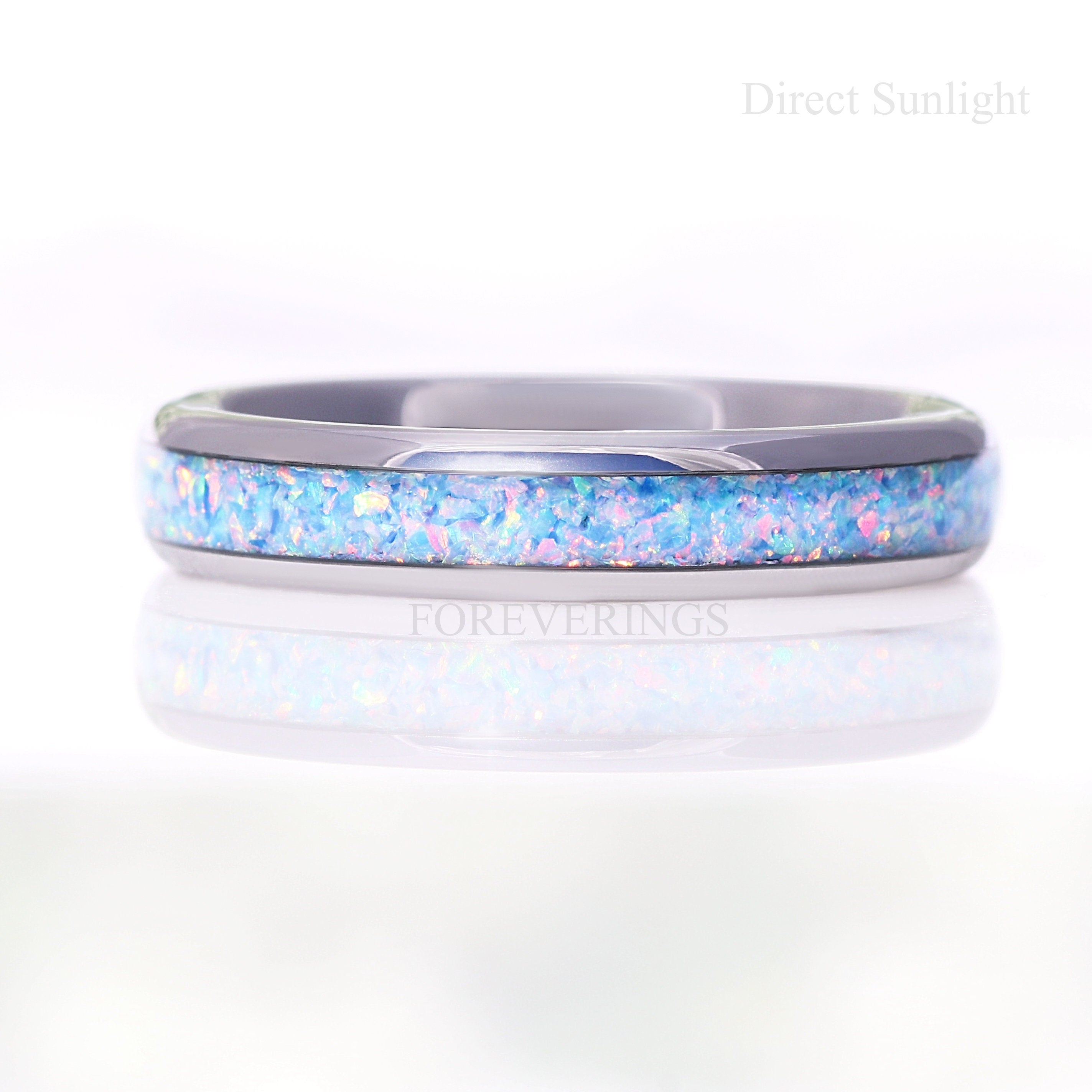 Rainbow Opal Ring, 4mm Silver Tungsten Wedding Band, No Plating, Polish, Dome, Comfort Fit, Unique Ring, Men Women Ring, October Birthstone