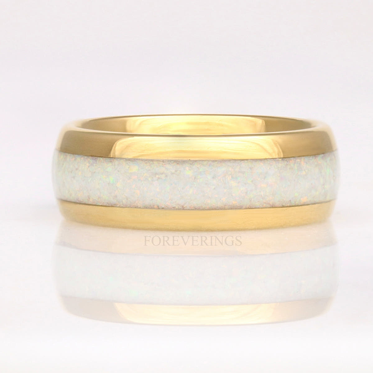 Gold tungsten white fire opal ring shown straight on with its reflection