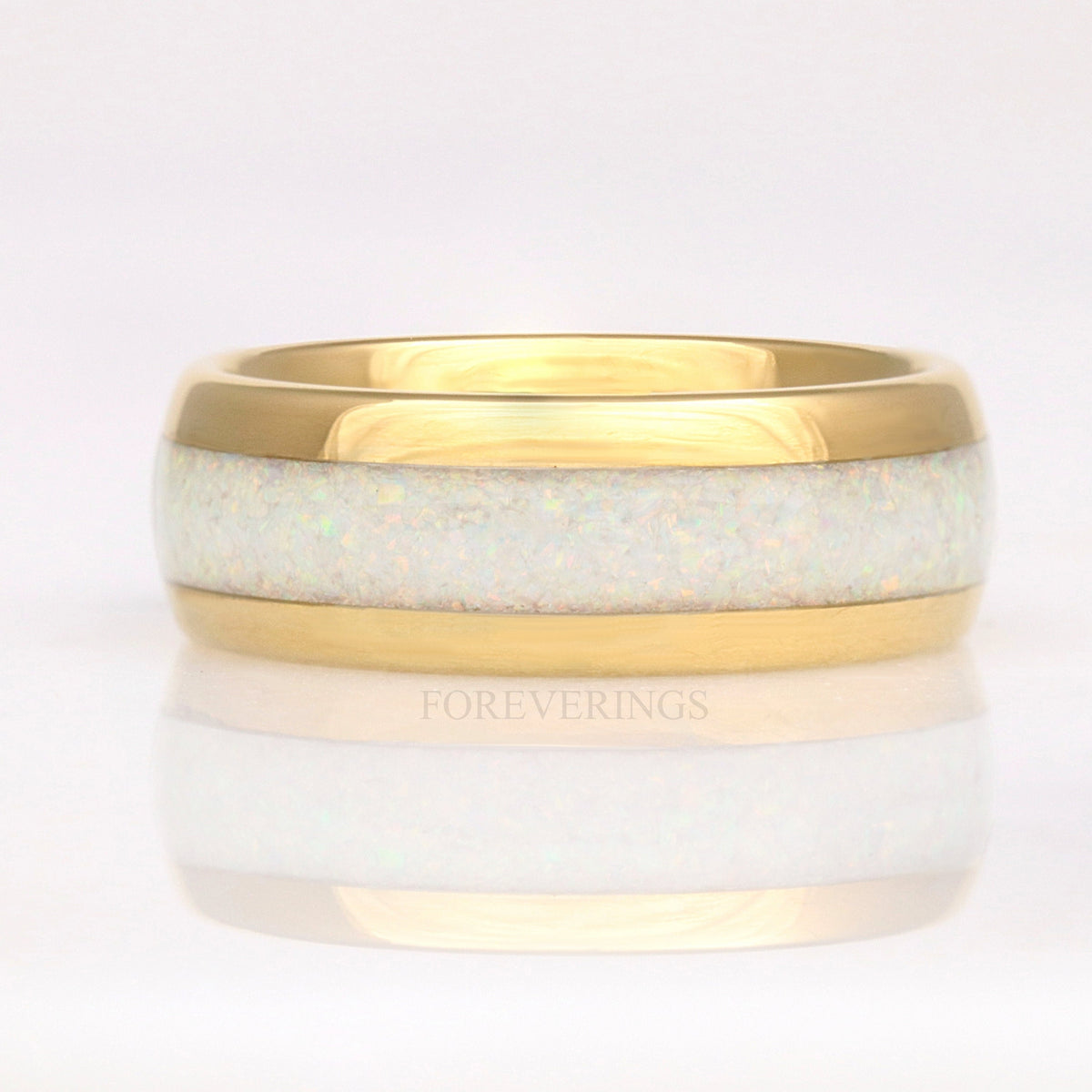 White Fire Opal Ring | Gold Tungsten Wedding Band | 8mm