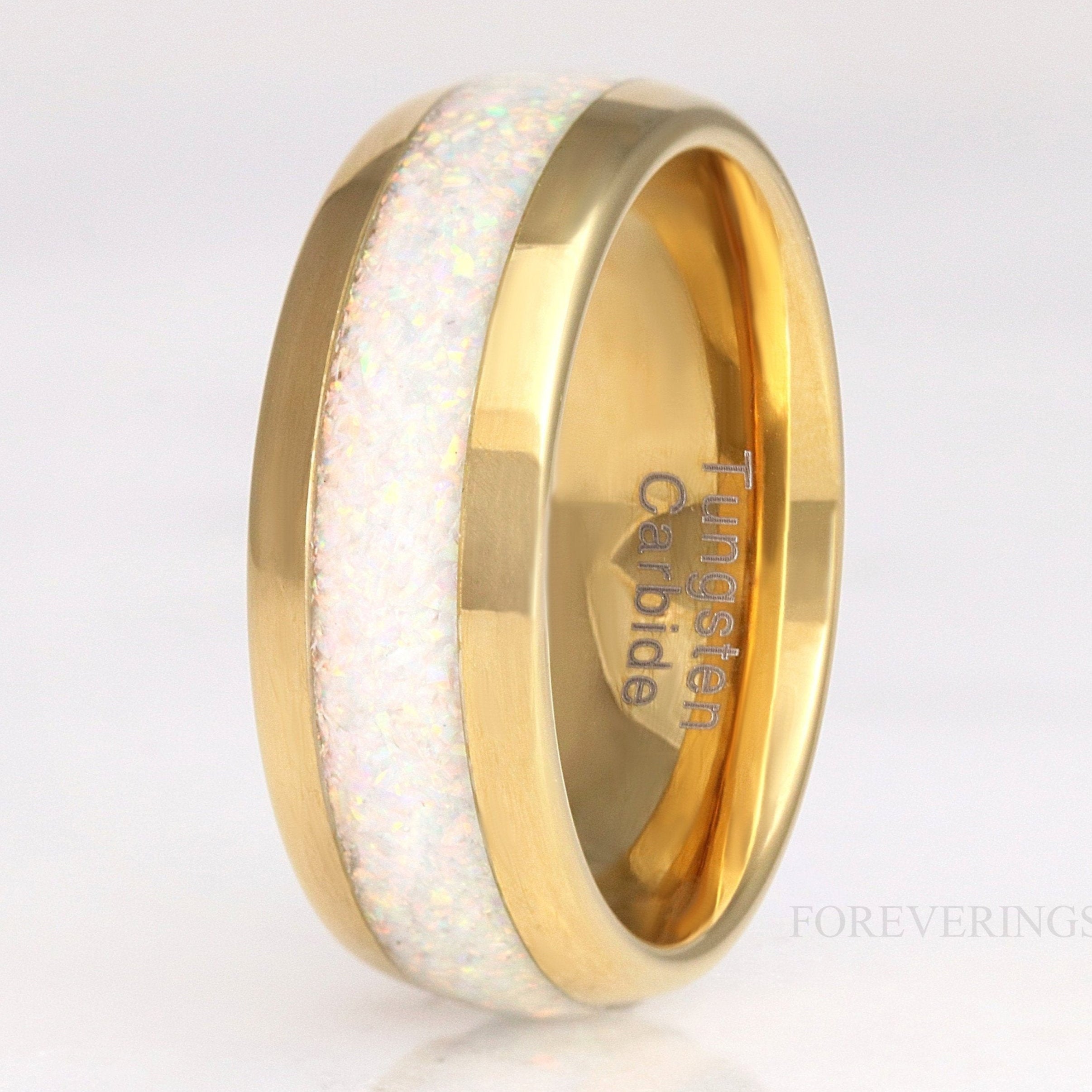 Mens Opal Ring, Gold Opal Wedding Band, White Fire Opal Ring, Yellow Gold Tungsten Ring, Polished, Dome, Unique Man Promise Ring, Engraving