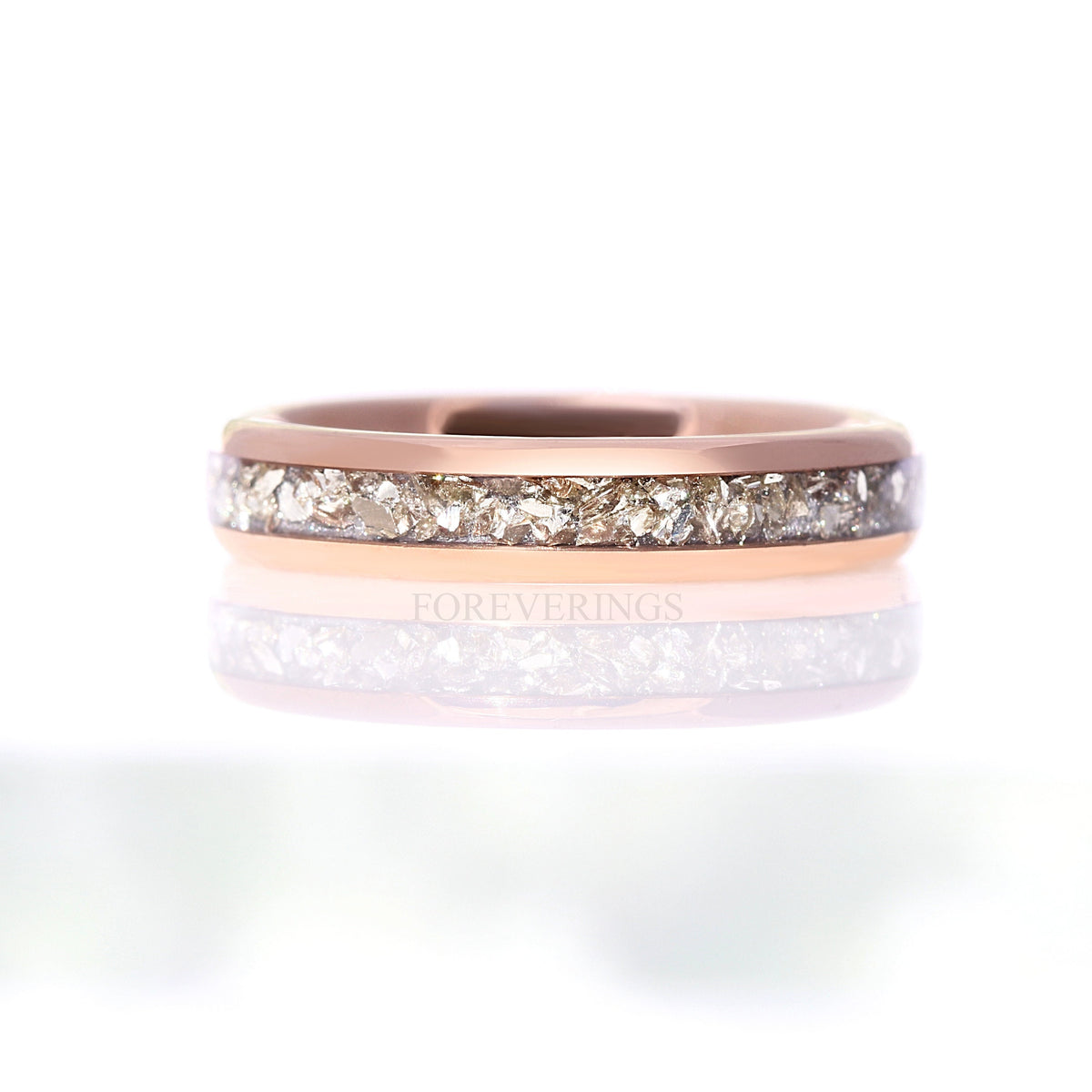 4mm Tungsten Wedding Band, Crushed Silver Glass Stones, Rose Gold Plated Ring, Polished, Dome, Comfort Fit, Unique Ring, Anniversary Gift