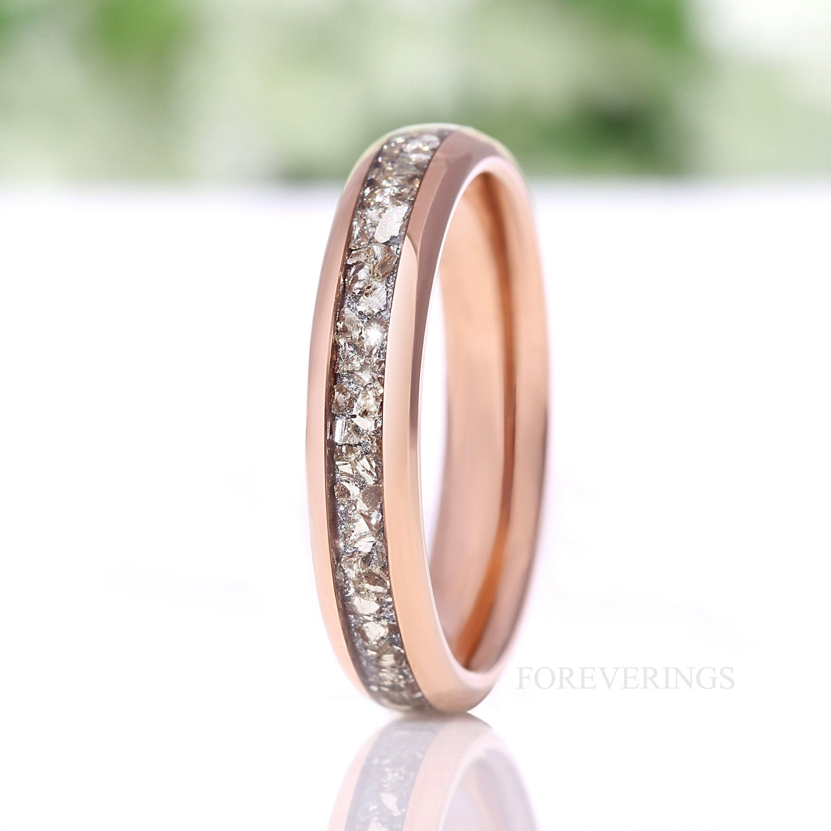 4mm Tungsten Wedding Band, Crushed Silver Glass Stones, Rose Gold Plated Ring, Polished, Dome, Comfort Fit, Unique Ring, Anniversary Gift