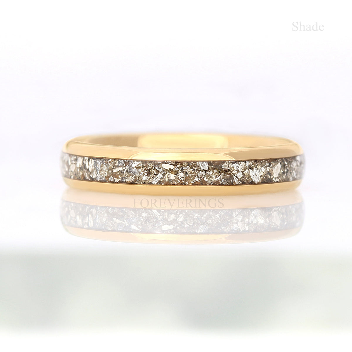 4mm Tungsten Wedding Band, Crushed Silver Glass Stones, Yellow Gold Plated Ring, Polished, Dome, Comfort Fit, Unique Ring, Anniversary Gift