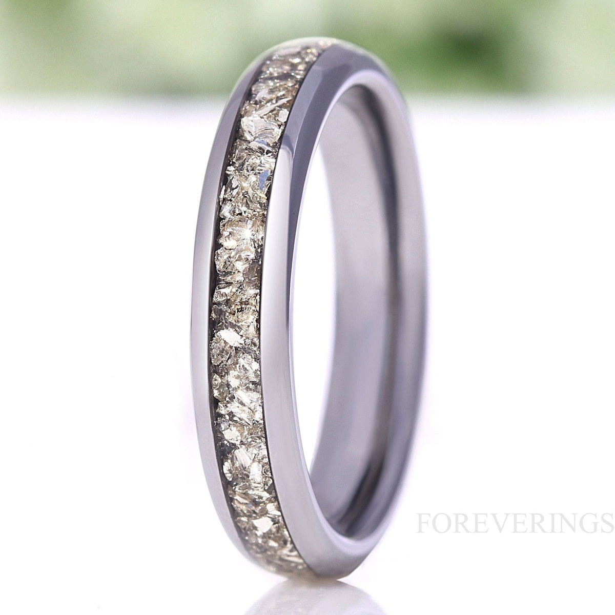 4mm Silver Tungsten Wedding Band, Crushed Silver Glass Stones, No Plating, Polished, Dome, Comfort Fit, Unique Ring, Anniversary Gift