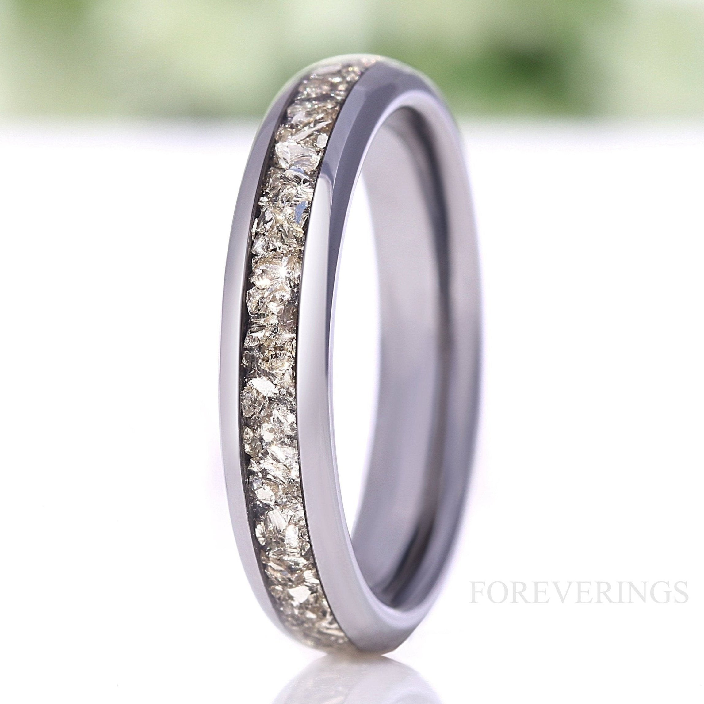 4mm Silver Tungsten Wedding Band, Crushed Silver Glass Stones, No Plating, Polished, Dome, Comfort Fit, Unique Ring, Anniversary Gift