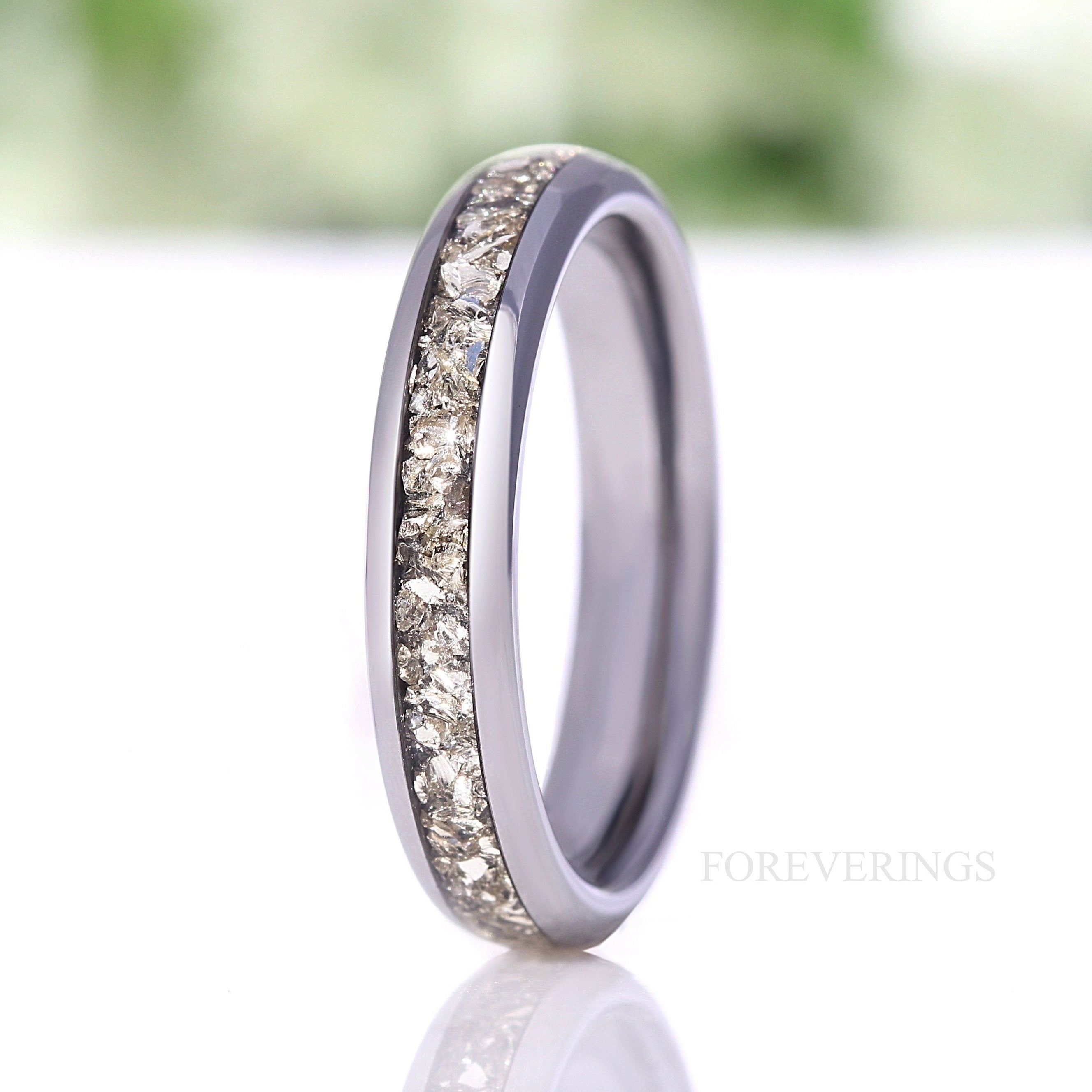 4mm Silver Tungsten Wedding Band, Crushed Silver Glass Stones, No Plating, Polished, Dome, Comfort Fit, Unique Ring, Anniversary Gift