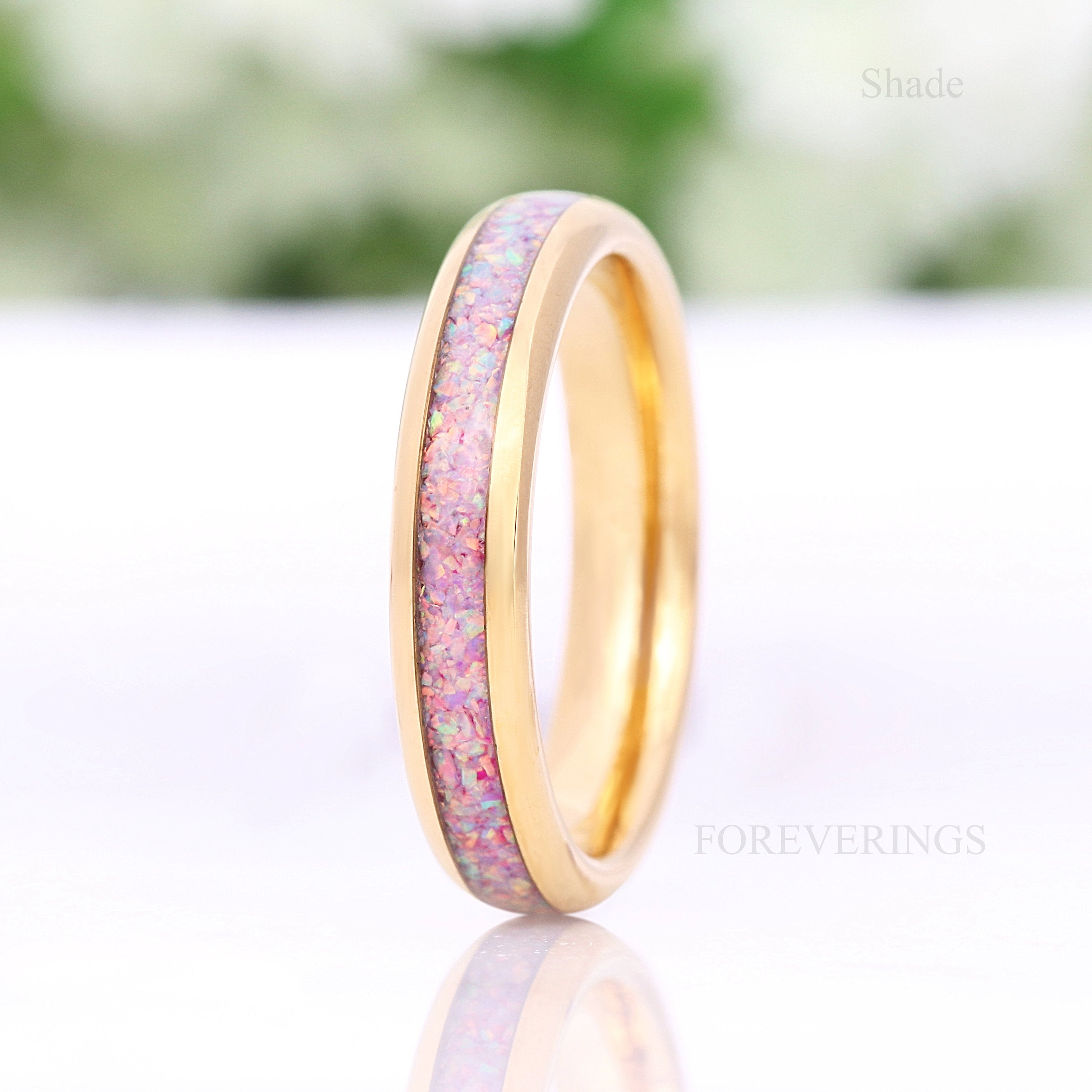 Unicorn Opal Ring, 4mm Tungsten Wedding Band, Yellow Gold Plated Ring, Polished, Dome, Comfort Fit, Men Women Ring, October Birthstone