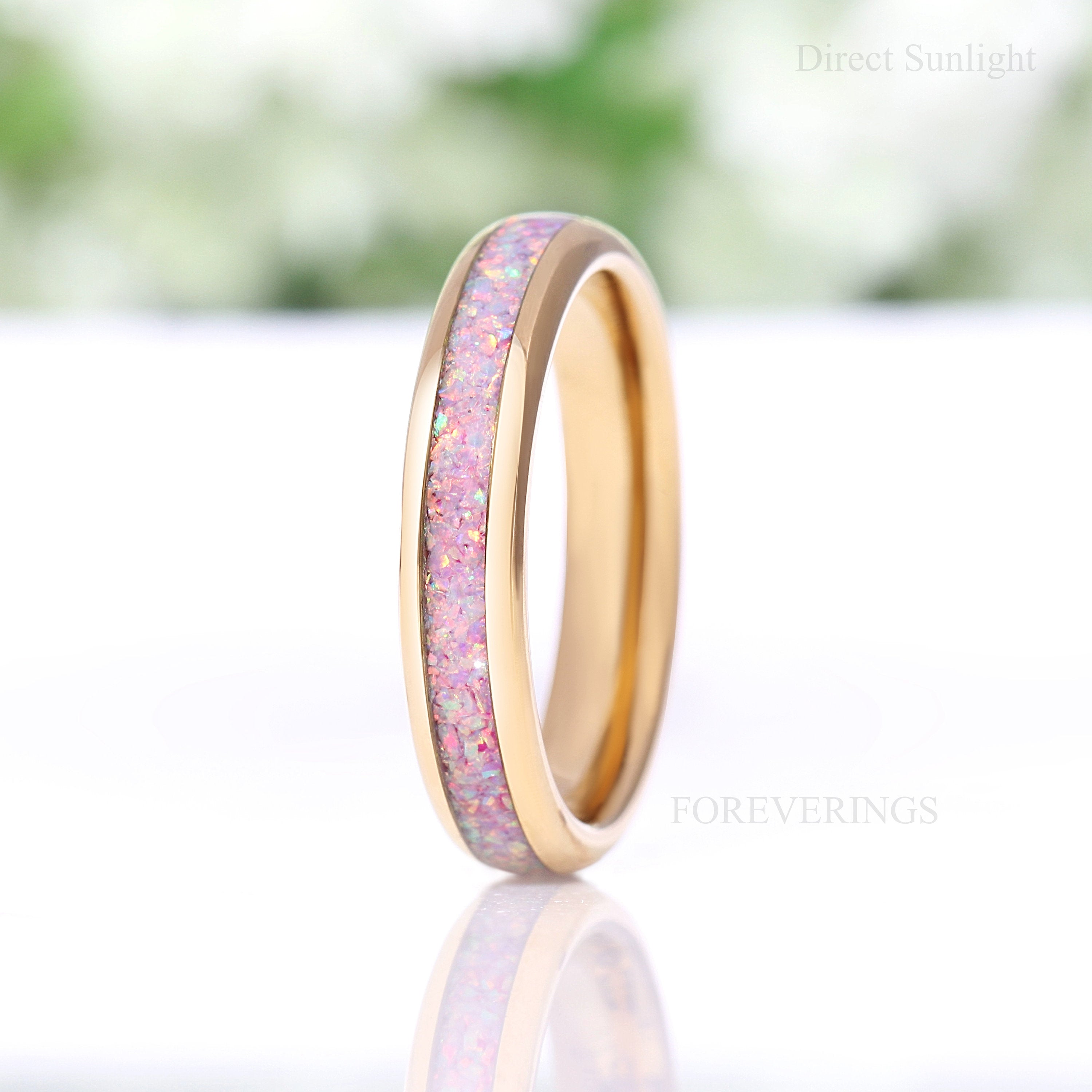 Unicorn Opal Ring, 4mm Tungsten Wedding Band, Yellow Gold Plated Ring, Polished, Dome, Comfort Fit, Men Women Ring, October Birthstone