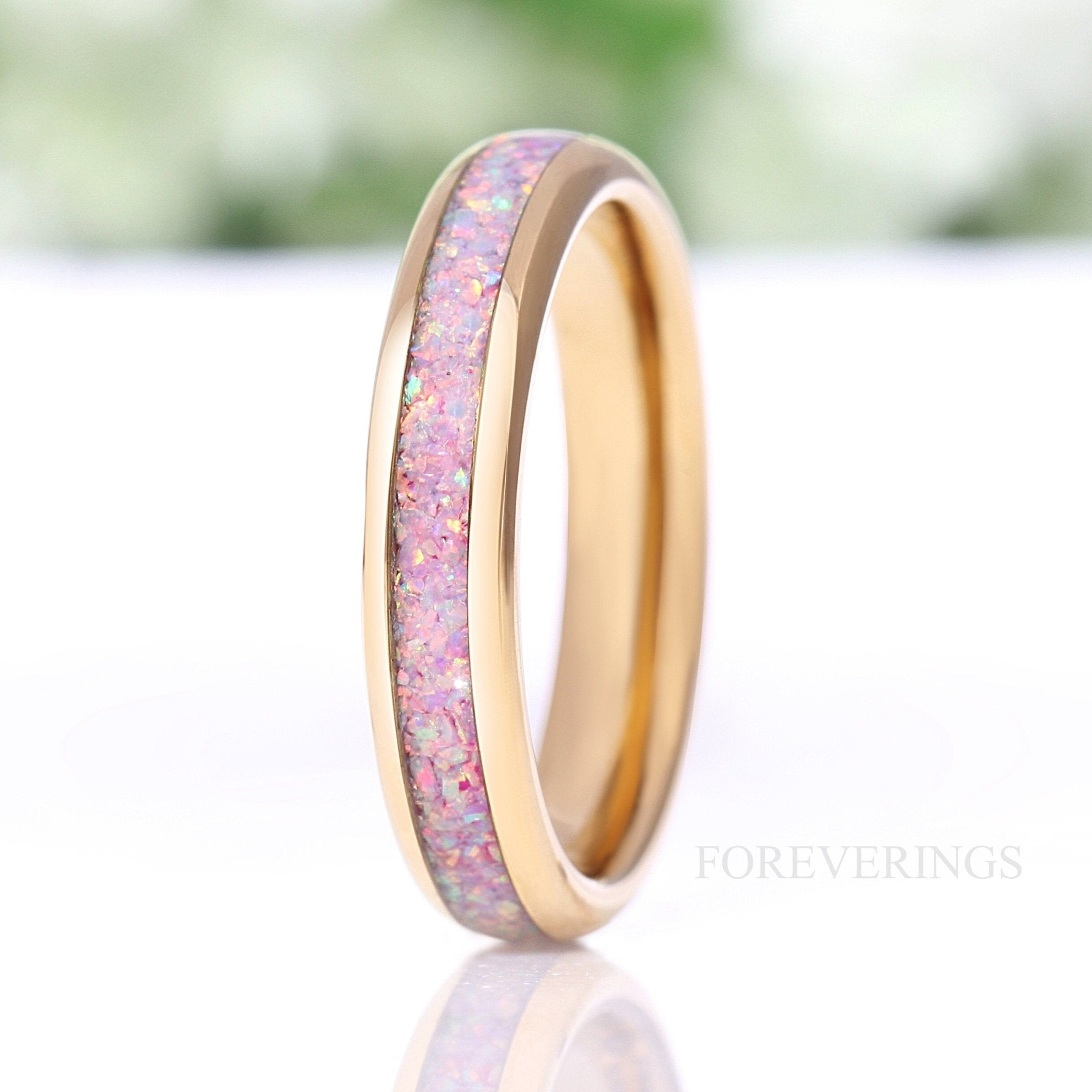 Unicorn Opal Ring, 4mm Tungsten Wedding Band, Yellow Gold Plated Ring, Polished, Dome, Comfort Fit, Men Women Ring, October Birthstone