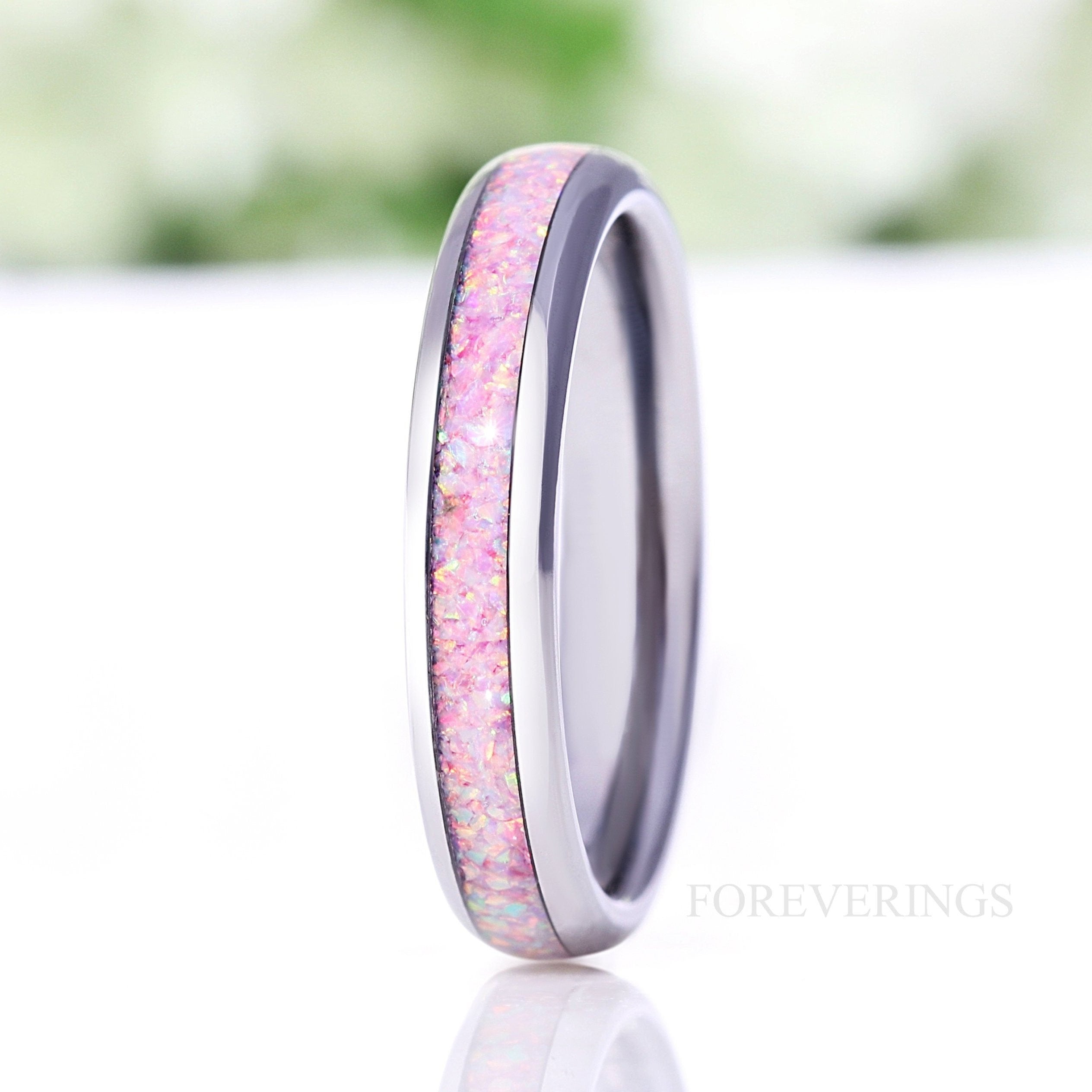 Unicorn Fire Opal Ring, Silver Tungsten Wedding Band, No Plating, Polish, Dome, Unique Ring, Men Women Ring, October Birthstone, Engraving