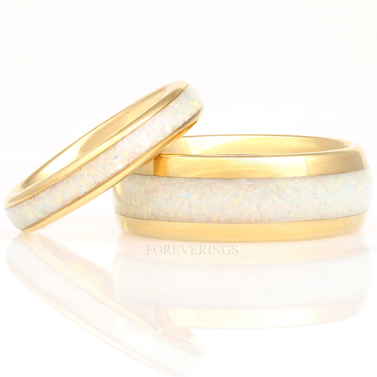 White Fire Opal Ring | Gold Tungsten Wedding Band | 8mm