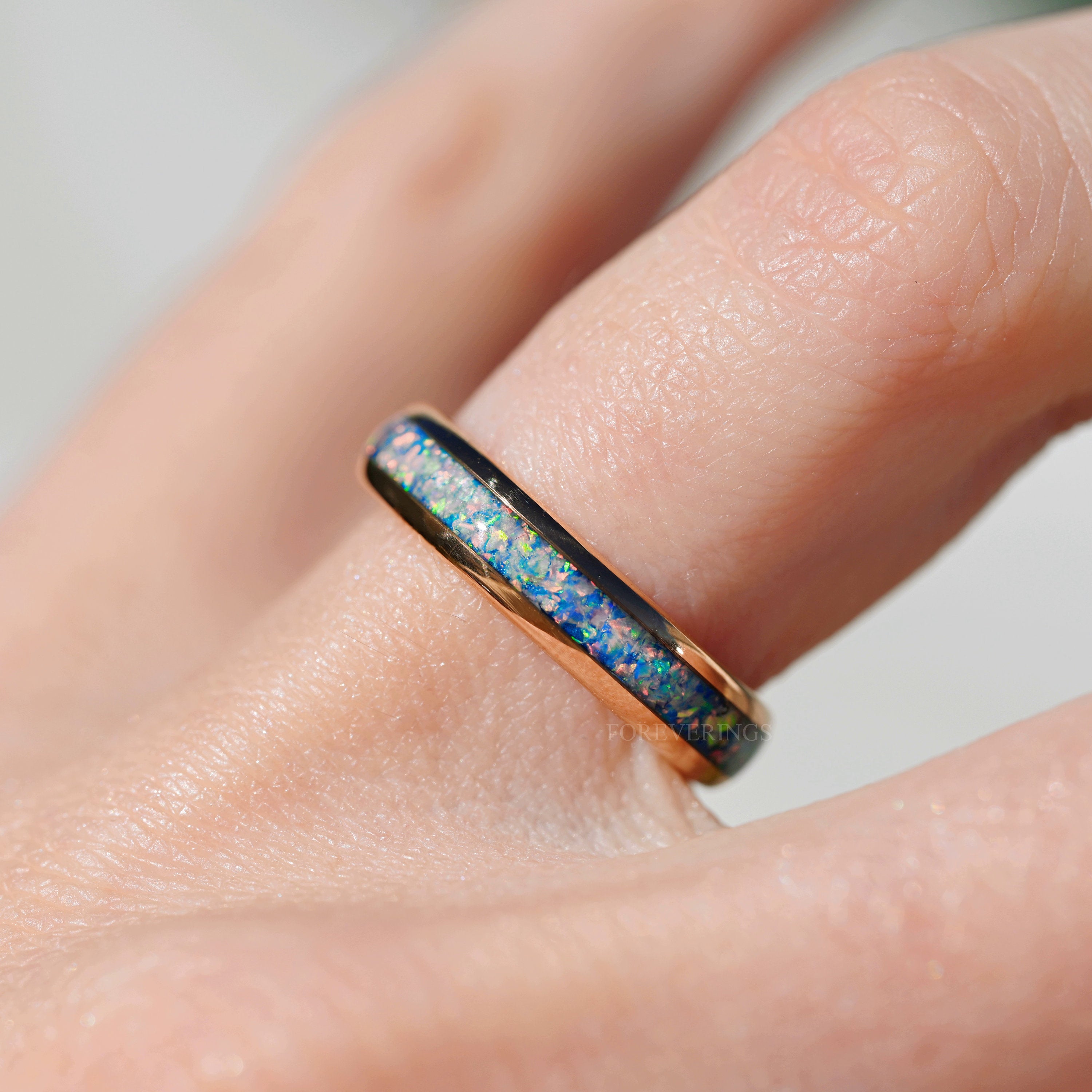 Rainbow Fire Opal Ring, Rose Gold Wedding Band, 4mm Rose Gold Tungsten, Polished, Dome, Men Women Ring, October Birthstone, Engrave