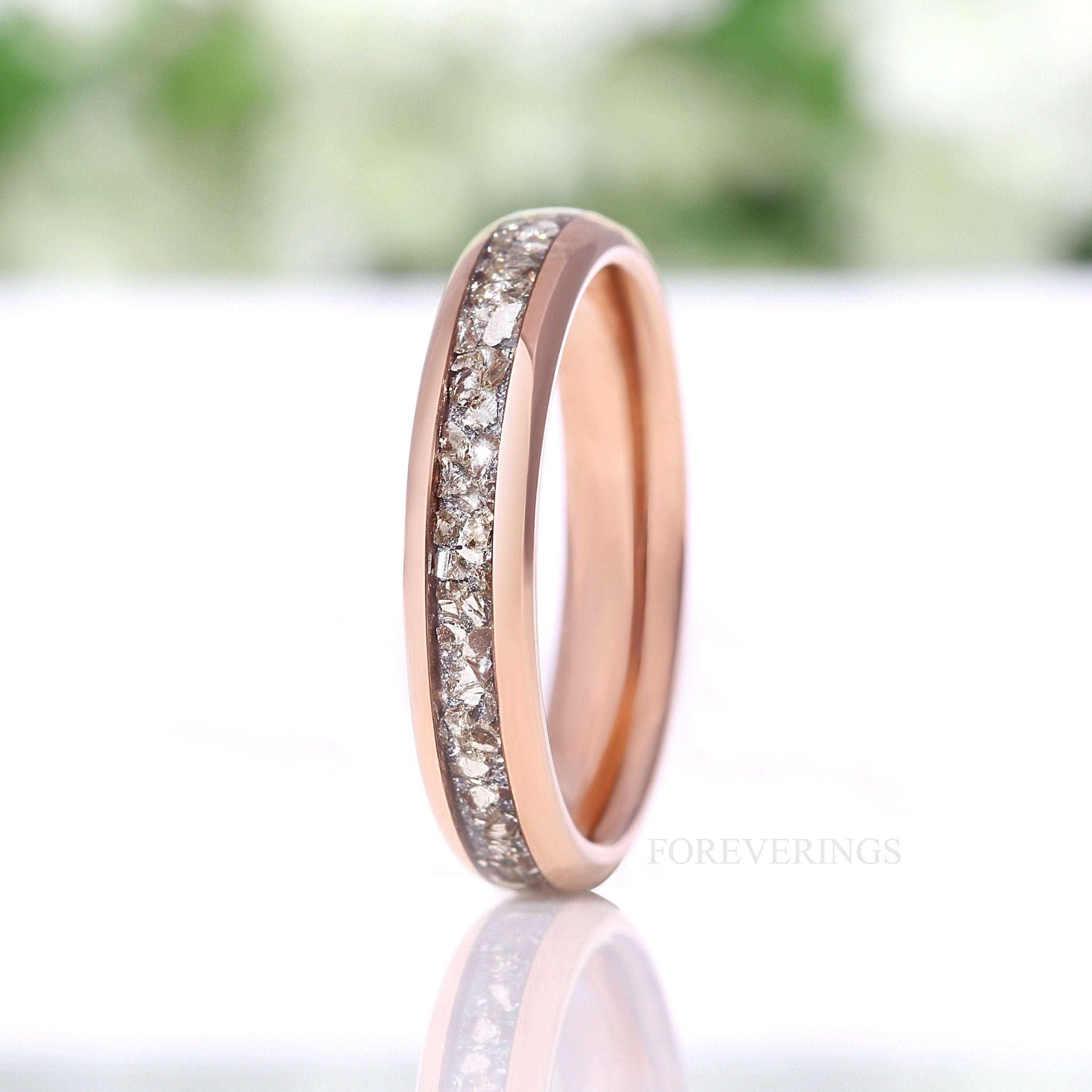 4mm Tungsten Wedding Band, Crushed Silver Glass Stones, Rose Gold Plated Ring, Polished, Dome, Comfort Fit, Unique Ring, Anniversary Gift