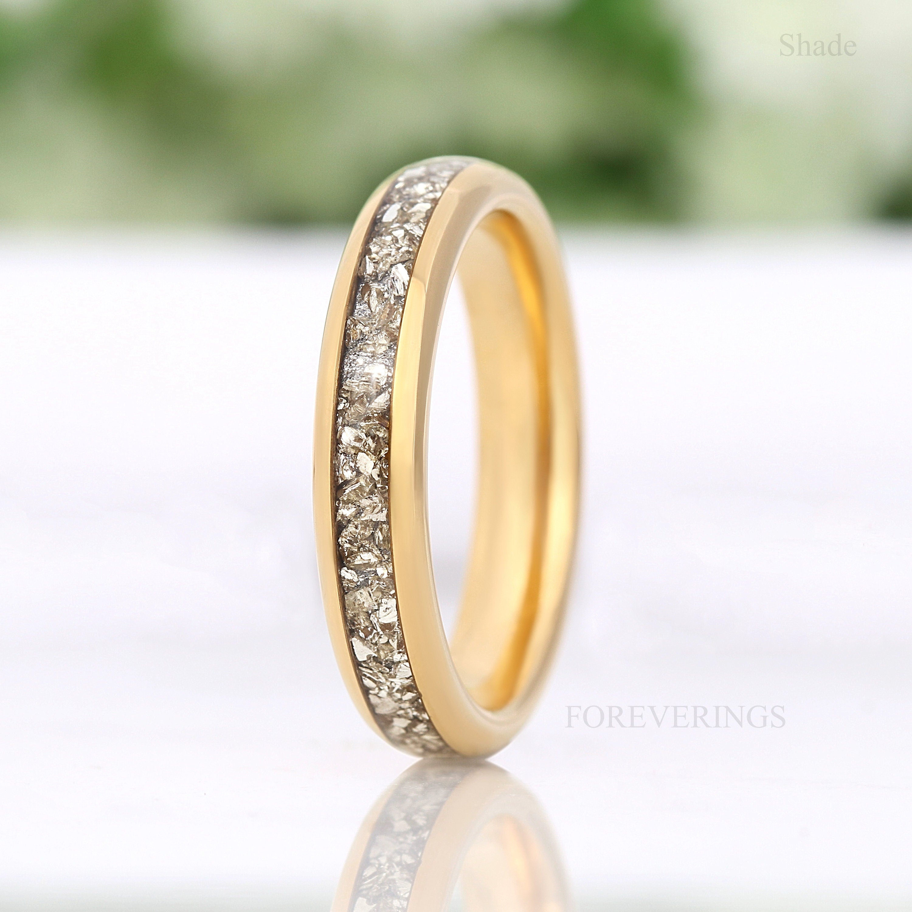 4mm Tungsten Wedding Band, Crushed Silver Glass Stones, Yellow Gold Plated Ring, Polished, Dome, Comfort Fit, Unique Ring, Anniversary Gift