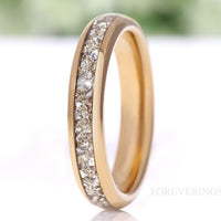 4mm Tungsten Wedding Band, Crushed Silver Glass Stones, Yellow Gold Plated Ring, Polished, Dome, Comfort Fit, Unique Ring, Anniversary Gift