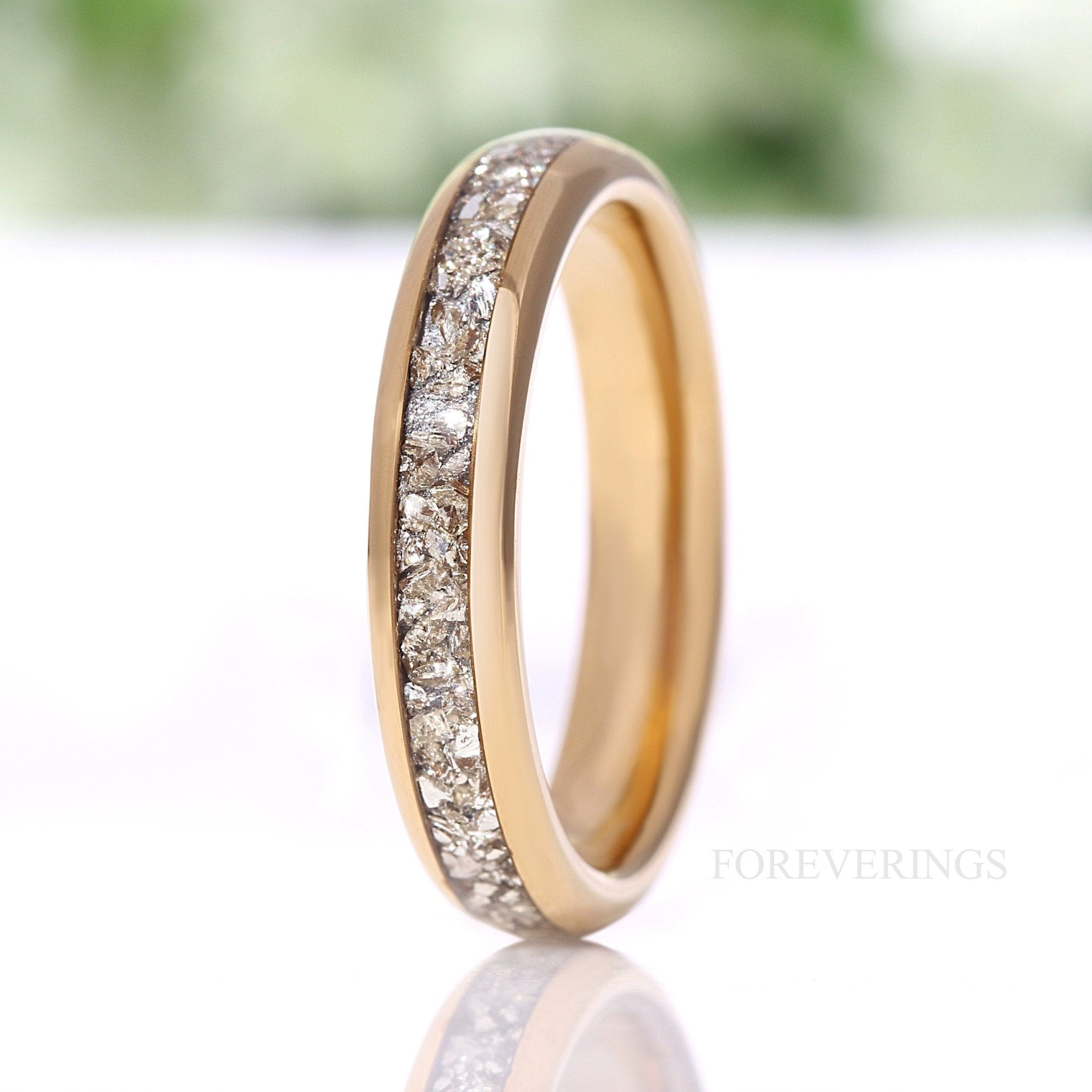 4mm Tungsten Wedding Band, Crushed Silver Glass Stones, Yellow Gold Plated Ring, Polished, Dome, Comfort Fit, Unique Ring, Anniversary Gift