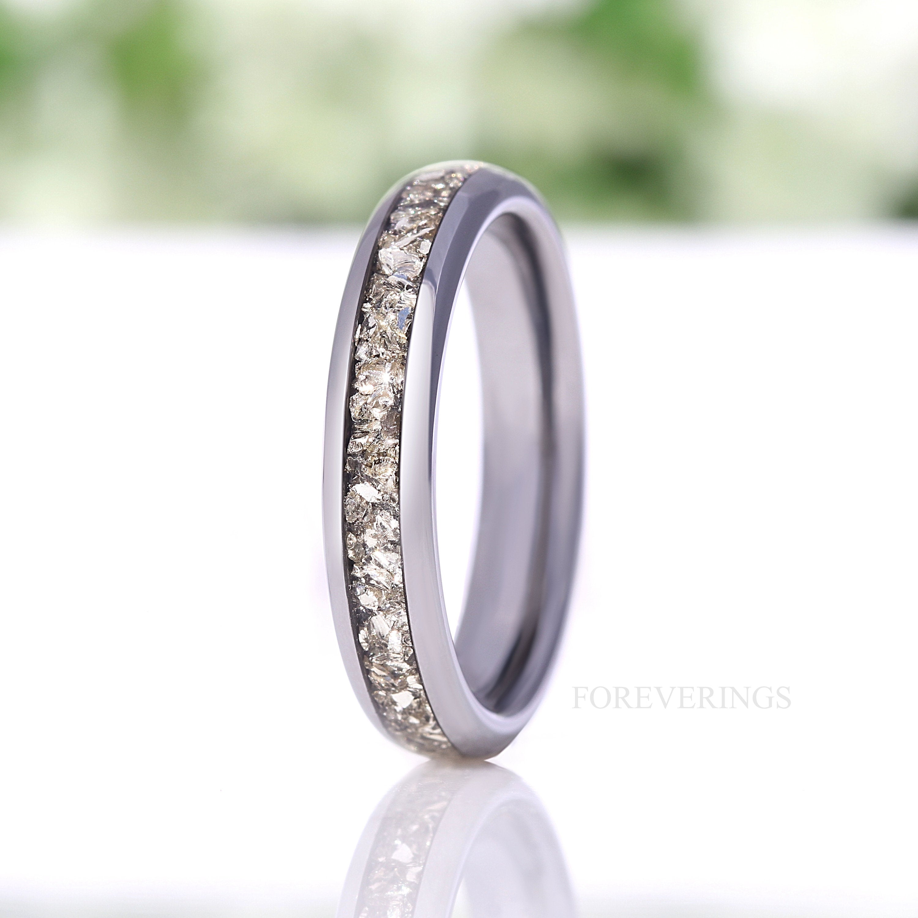 4mm Silver Tungsten Wedding Band, Crushed Silver Glass Stones, No Plating, Polished, Dome, Comfort Fit, Unique Ring, Anniversary Gift