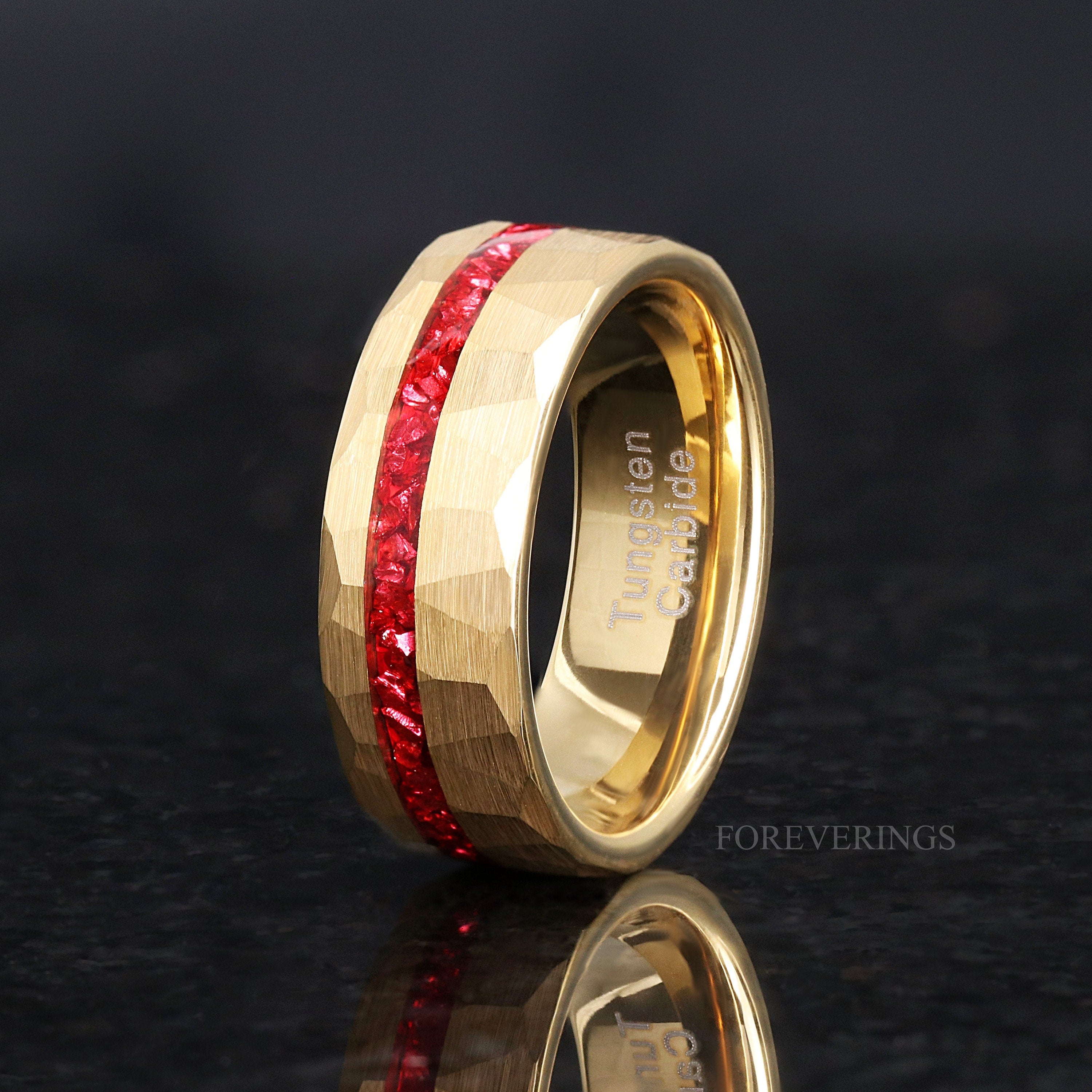 Hammered Gold Ruby Ring, Men Wedding Band, Offset Crush Red German Glass Stones, Brushed Gold Tungsten Ring, Personalized Gift, Promise Ring