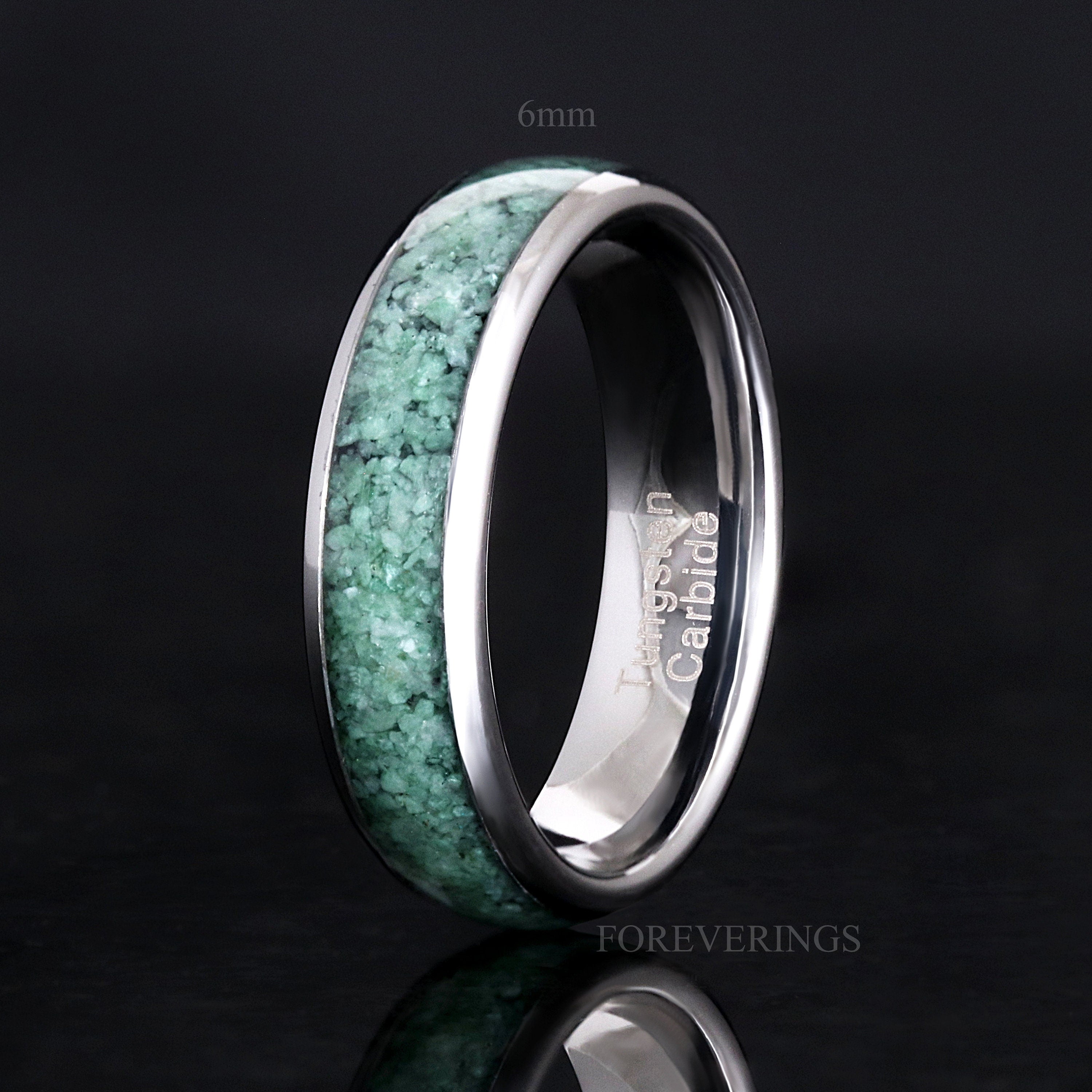 Green Moss Agate Wedding Band, Silver Tungsten Ring, 8mm-6mm-4mm Man Woman Ring, Comfort Fit, Dome, Polish, Birthday Anniversary Gift