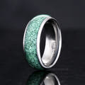 Men's 8mm silver tungsten ring with natural green moss agate inlay, standing upright