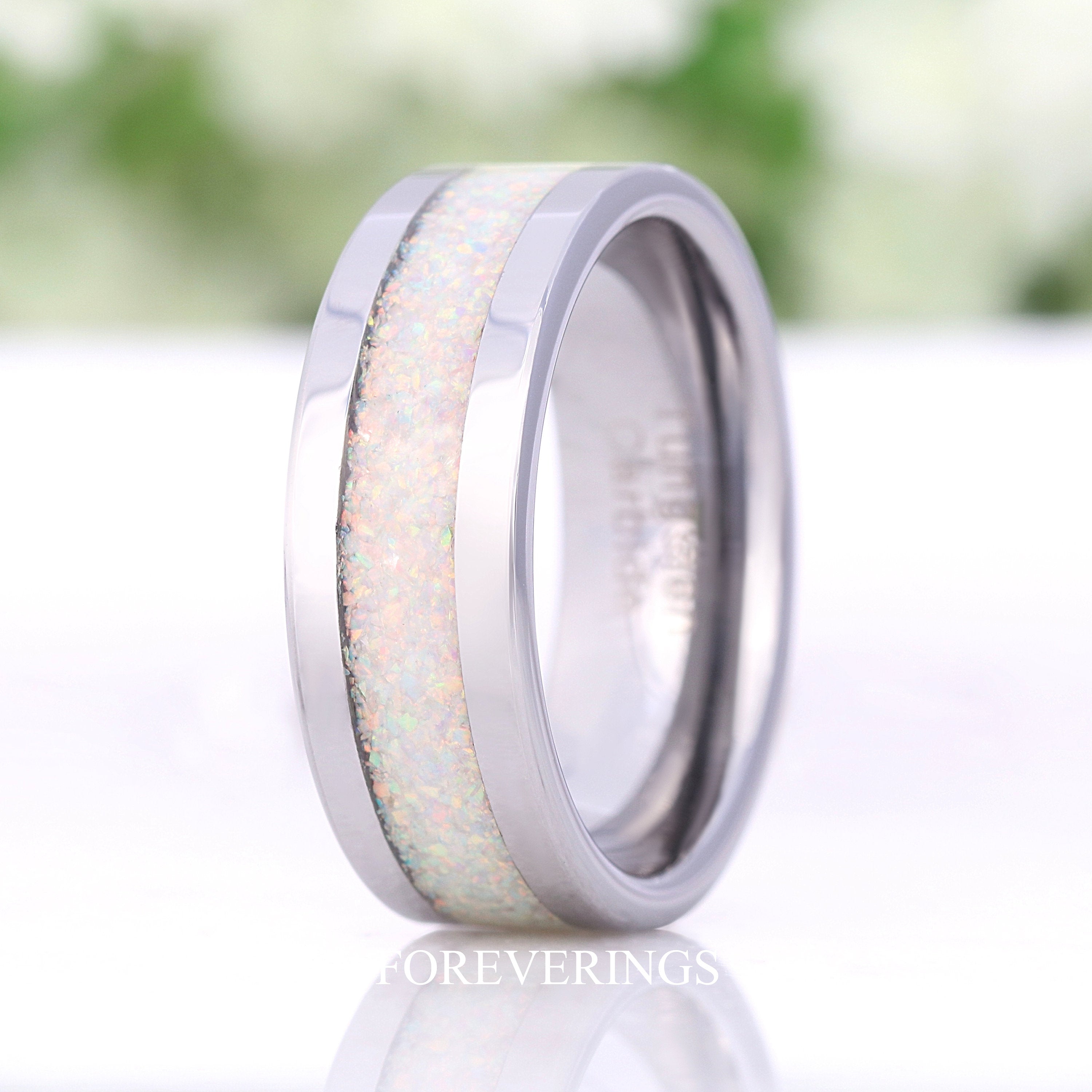 Mens White Fire Opal Ring, Silver Tungsten Ring, 8mm Mens Wedding Band, Crushed White Opal, Polished, Flat, Unique Mens Opal, Ring Engraving