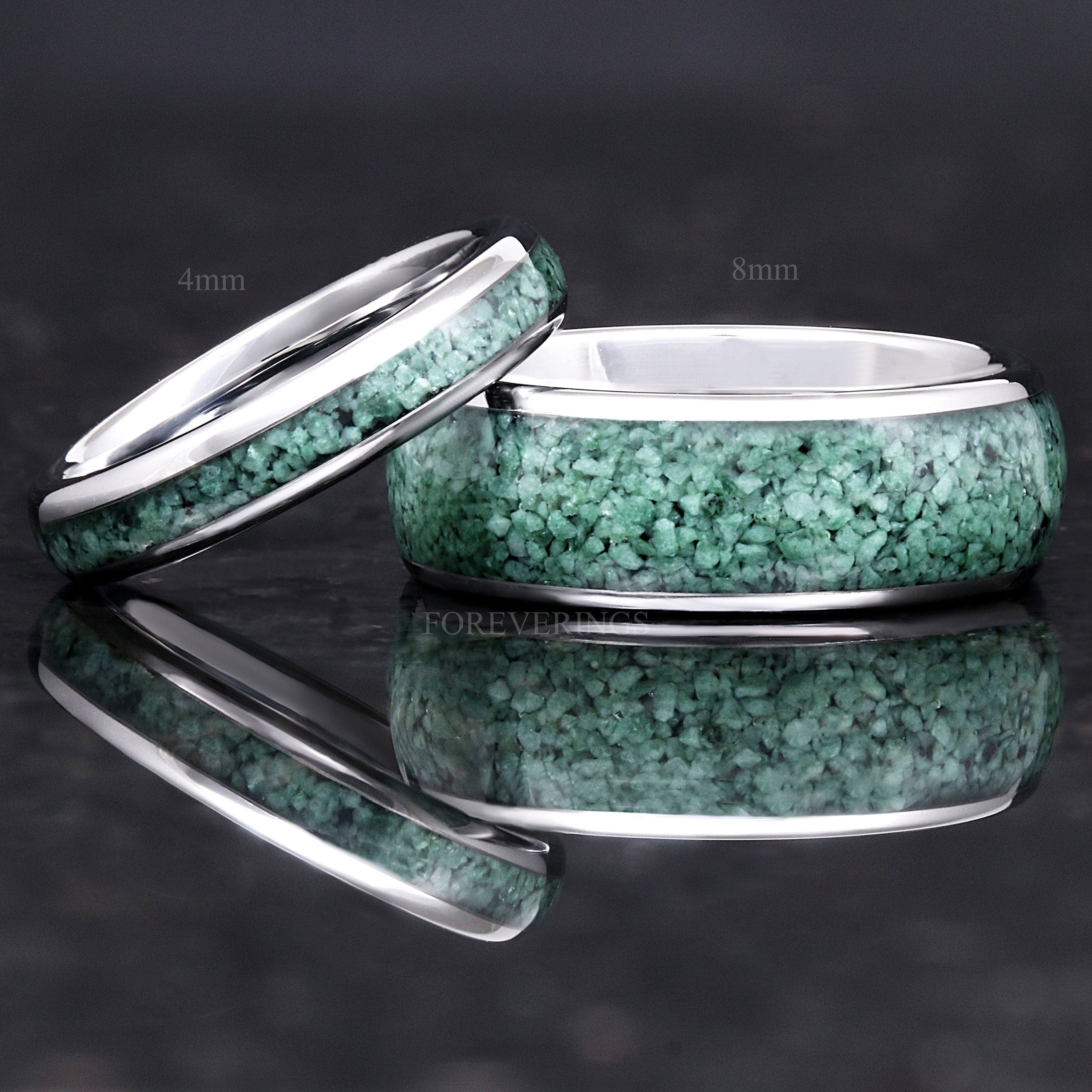 Green Moss Agate Wedding Band, Silver Tungsten Ring, 8mm-6mm-4mm Man Woman Ring, Comfort Fit, Dome, Polish, Birthday Anniversary Gift