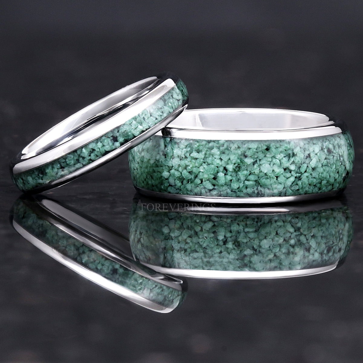 Green Moss Agate Ring Set, His and Her Tungsten Wedding Band, 8mm & 4mm Silver Ring Set, Polish Dome, Comfort Fit, Birthday Anniversary Gift