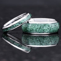 Green Moss Agate Ring Set, His and Her Tungsten Wedding Band, 8mm & 4mm Silver Ring Set, Polish Dome, Comfort Fit, Birthday Anniversary Gift