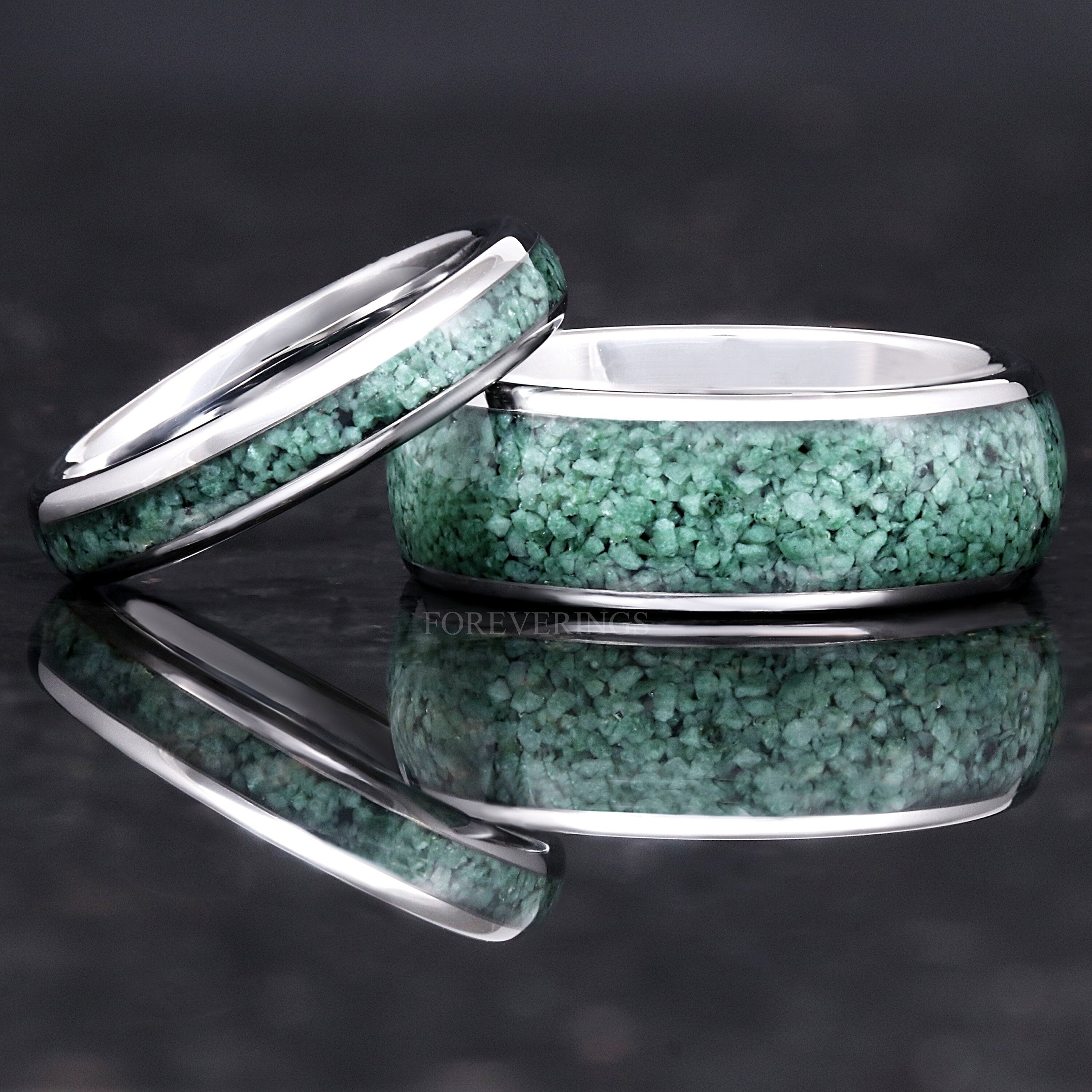 Green Moss Agate Ring Set, His and Her Tungsten Wedding Band, 8mm & 4mm Silver Ring Set, Polish Dome, Comfort Fit, Birthday Anniversary Gift