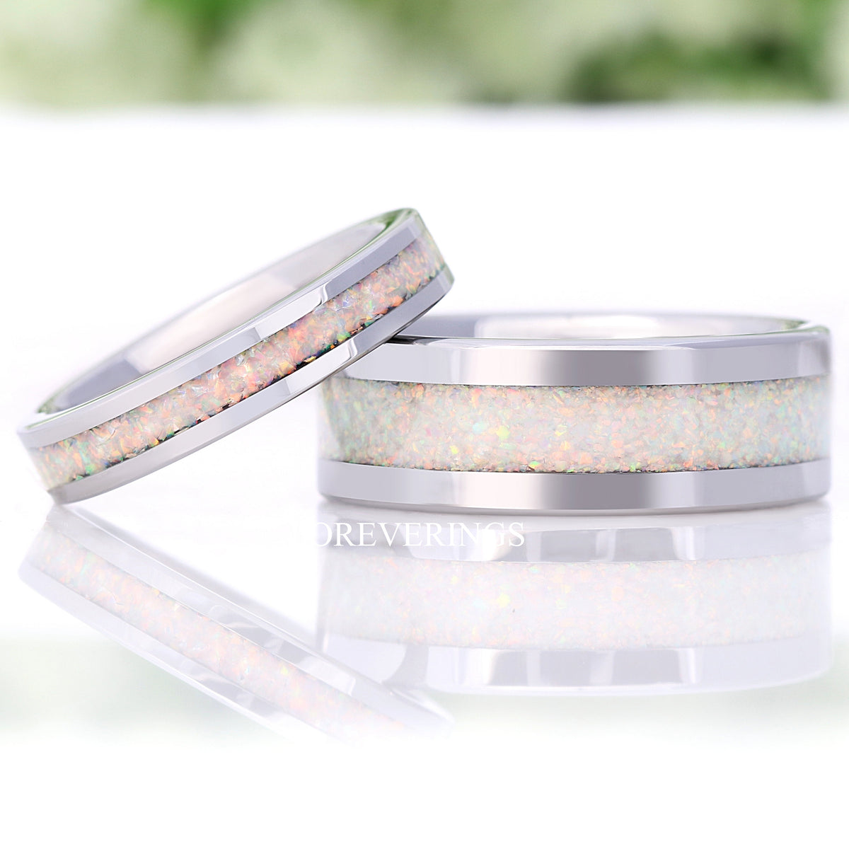 Mens White Opal Wedding Band | 8mm Silver Tungsten Comfort Fit