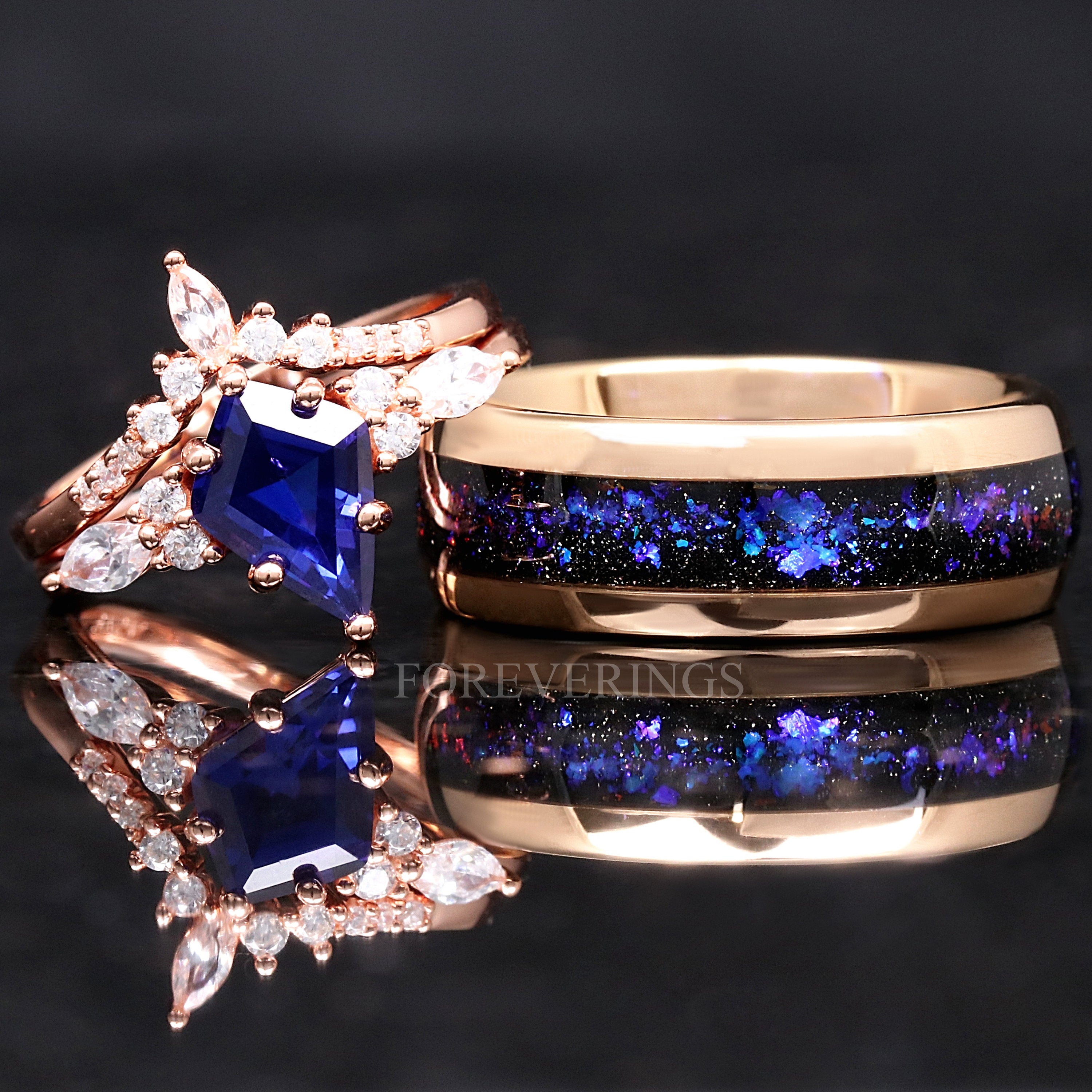 Orion Nebula Ring Set Rose Gold, His and Hers Wedding Bands, Blue Nebula Ring, Sapphire, Matching Couples Ring, Engagement Ring Set, Engrave