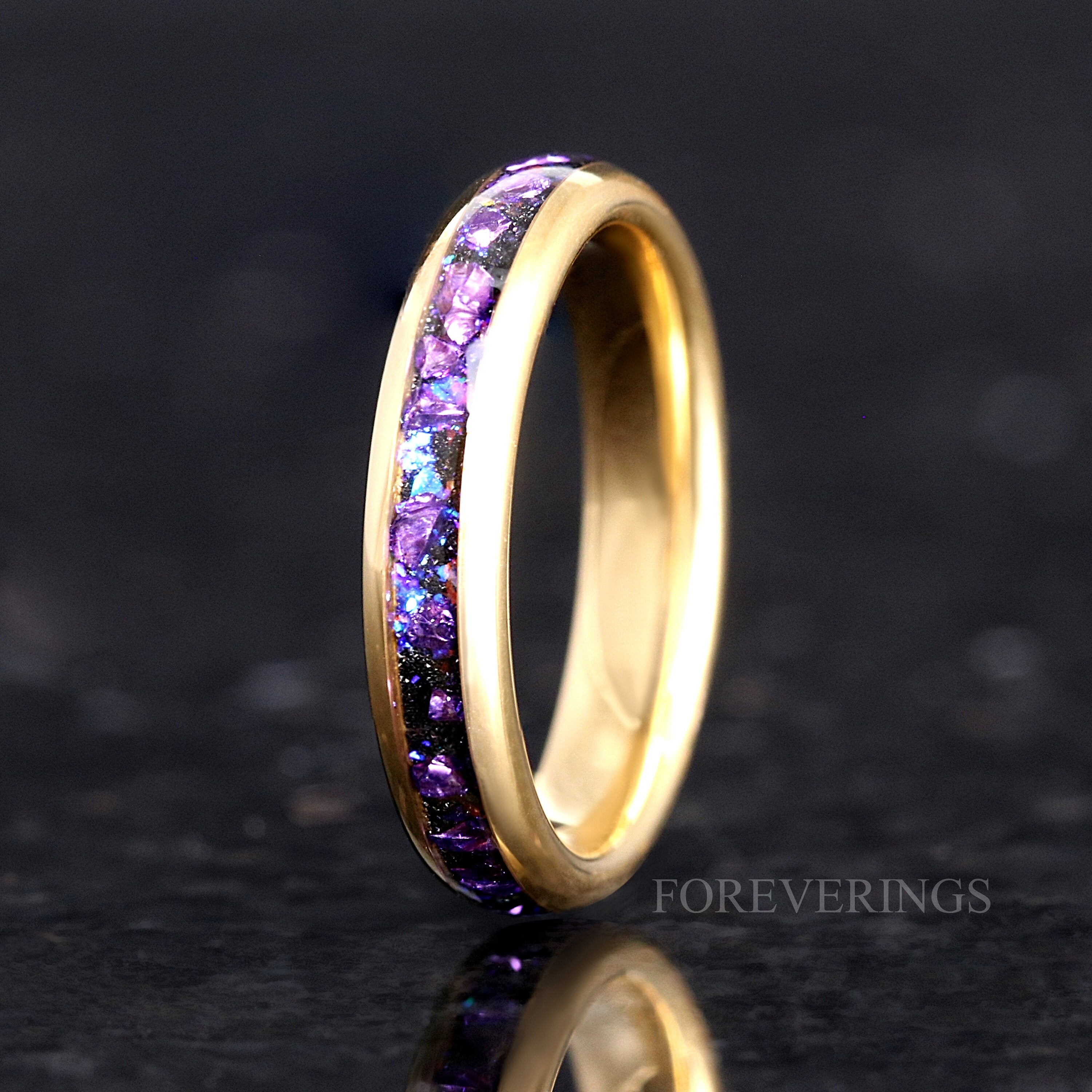 Crab Nebula Ring, Alexandrite Tungsten Wedding Band, Outer Space Ring, Yellow Gold Plating, Dome, Polish, Comfort Fit, Unique Wedding Ring