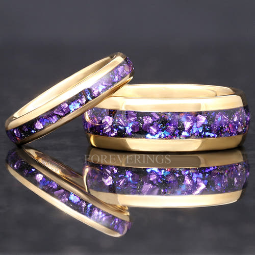 Matching gold tungsten couples ring set with crushed alexandrite Crab nebula inlay, 8mm and 4mm