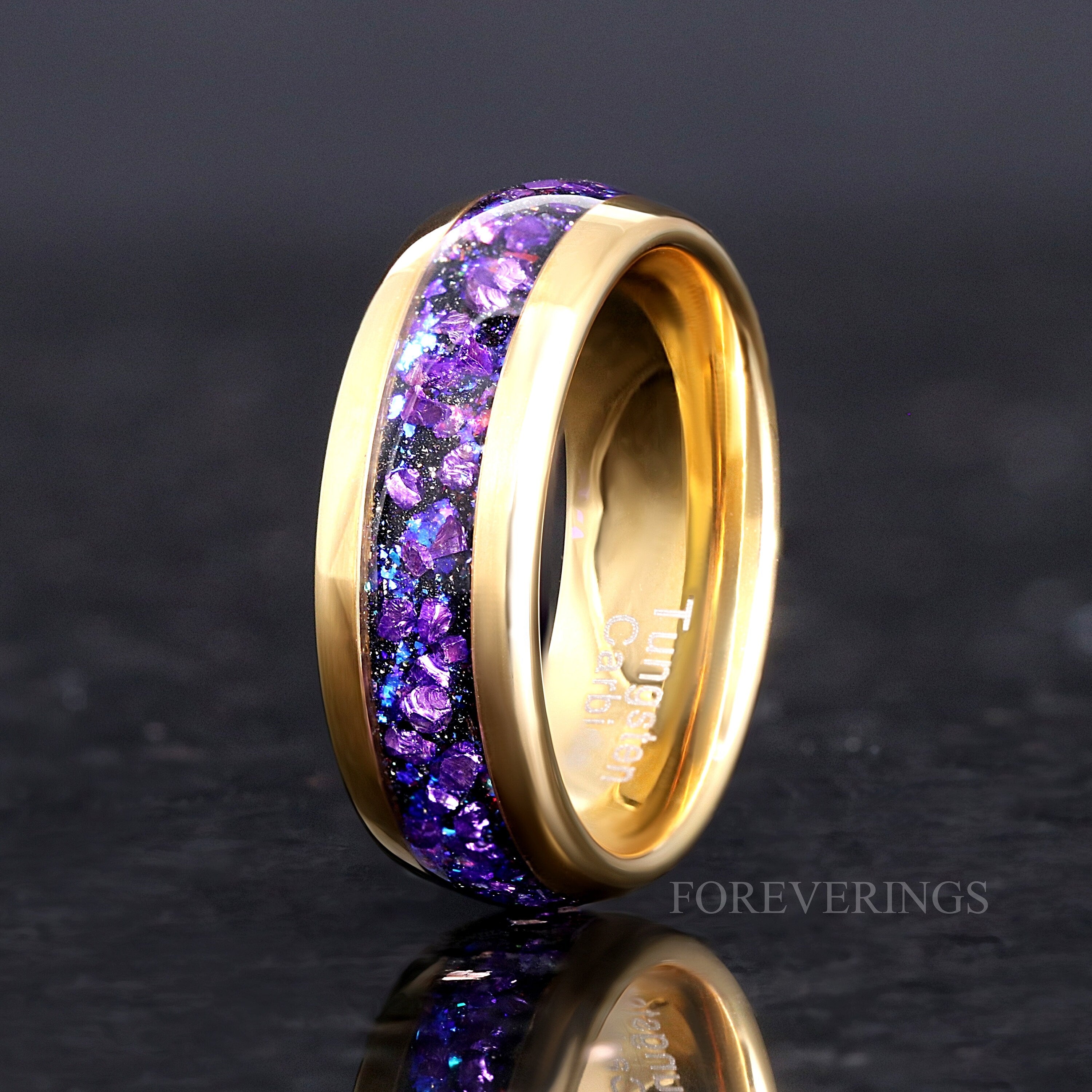 Crab Nebula Ring Set, His and Her Alexandrite Wedding Band, 8mm & 4mm Gold Tungsten Ring Set, Outer Space Ring, Polish, Dome, Comfort Fit