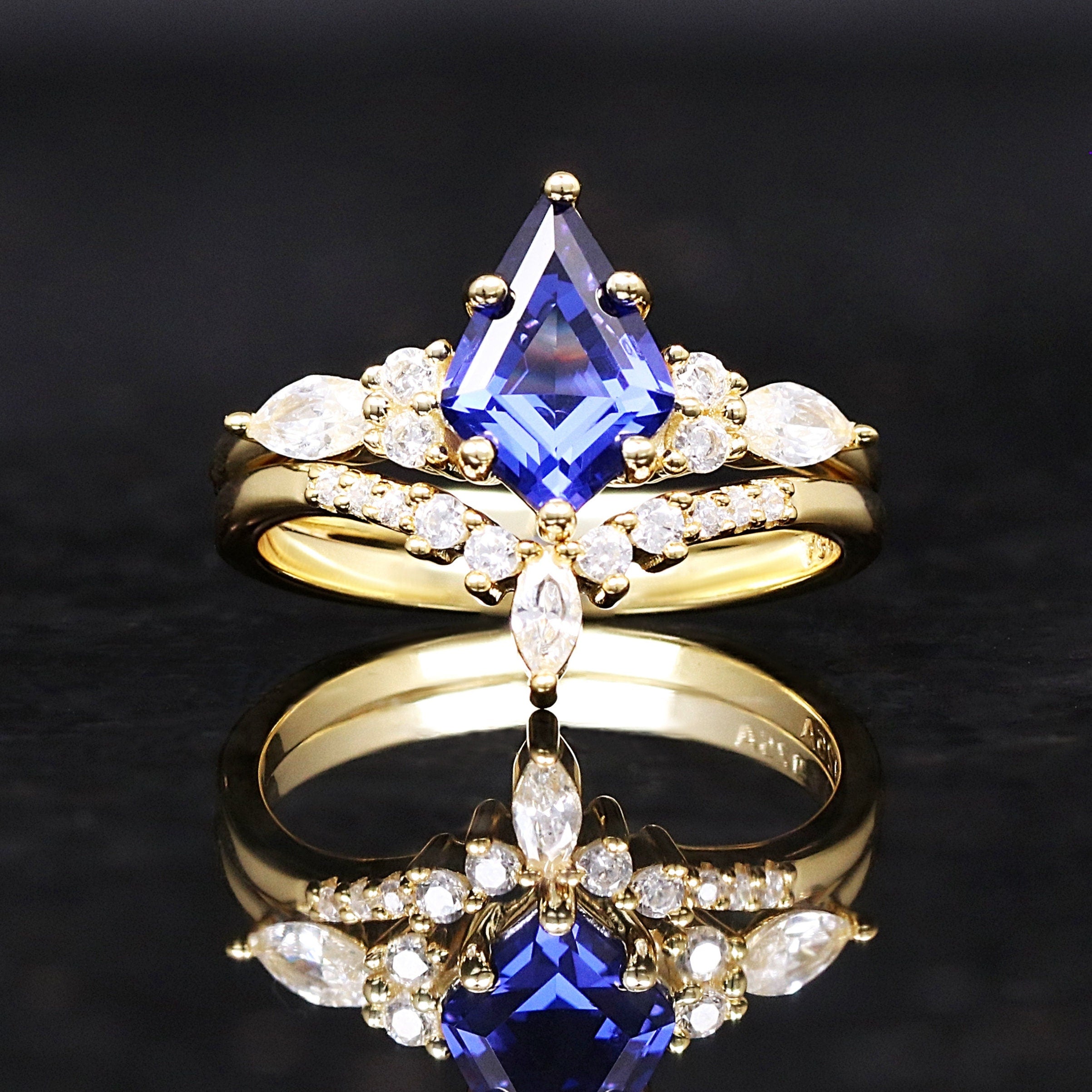 Orion Nebula Ring Set Gold, His and Her Wedding Band, Sapphire Kite Engagement Ring Set, Matching Blue Nebula Ring, Outer Space Couples Ring