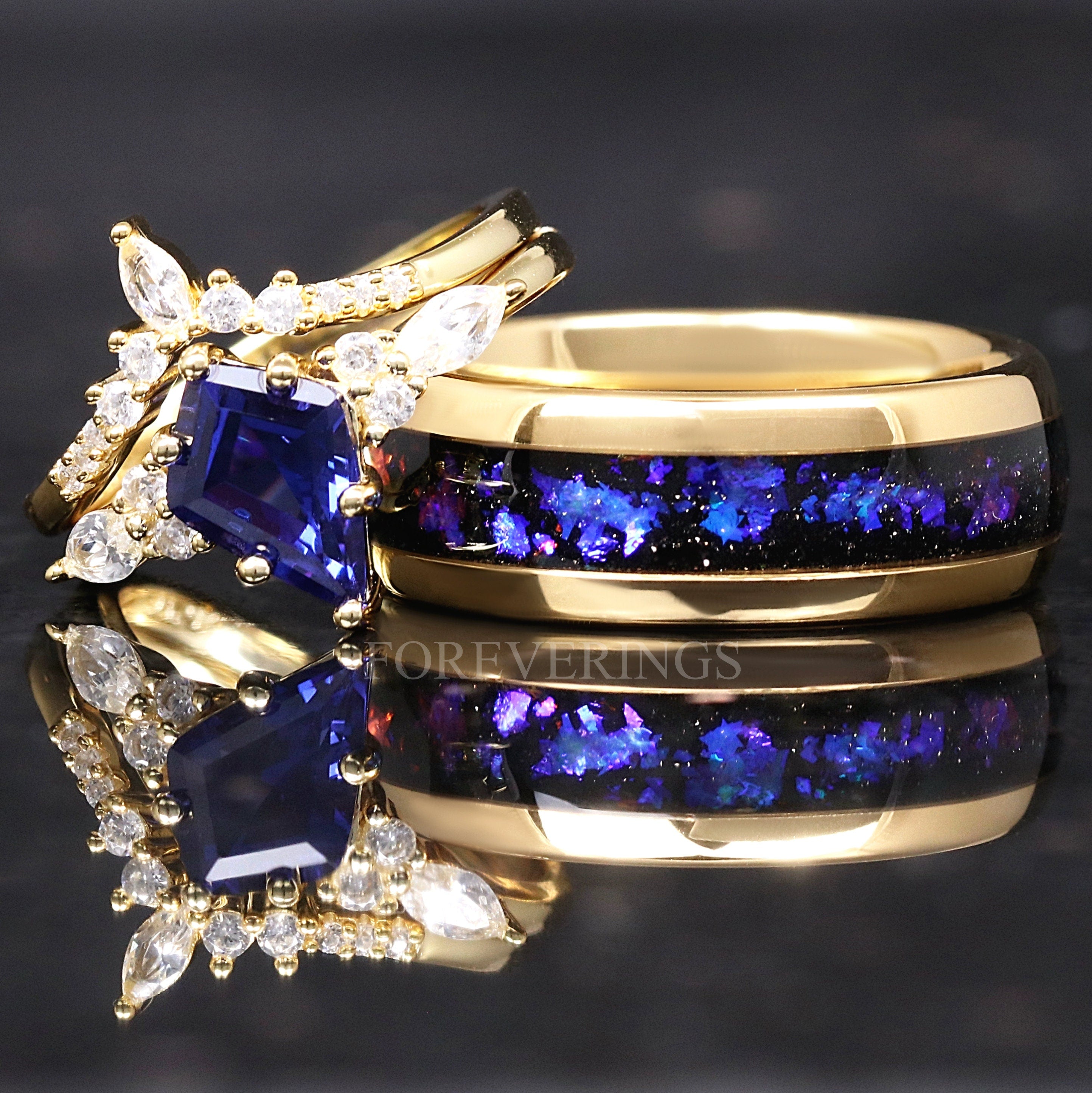 Orion Nebula Ring Set Gold, His and Her Wedding Band, Sapphire Kite Engagement Ring Set, Matching Blue Nebula Ring, Outer Space Couples Ring