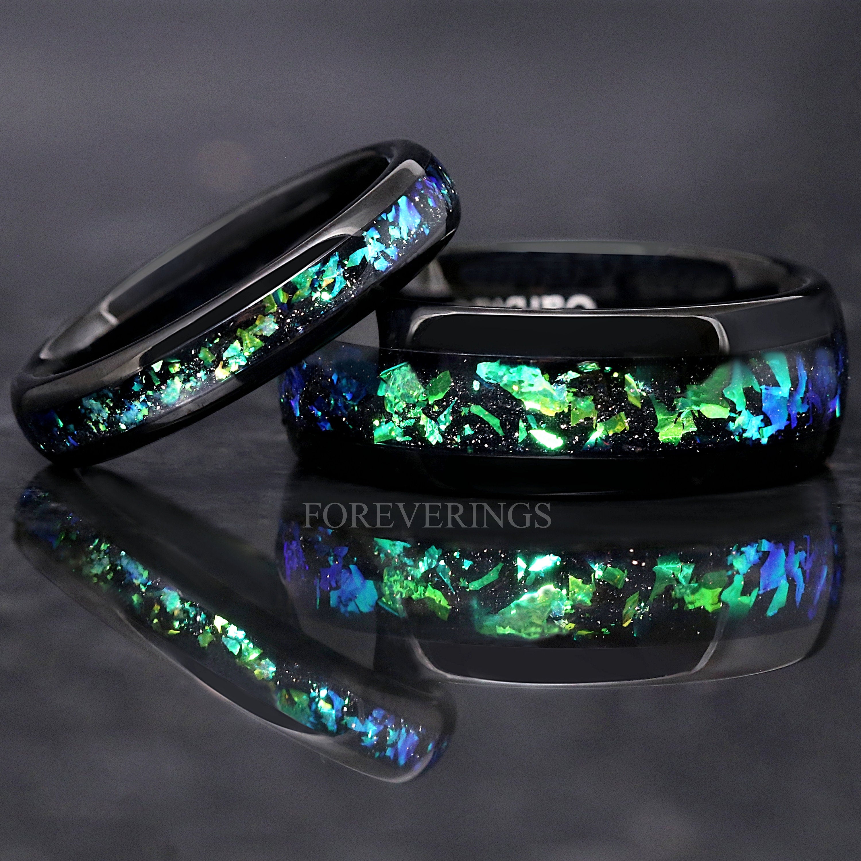 Rosette Nebula Ring Set, His and Her Tungsten Wedding Band, 8mm & 4mm Black Ring, Green Outer Space Couples Ring, Polish, Dome, Comfort Fit