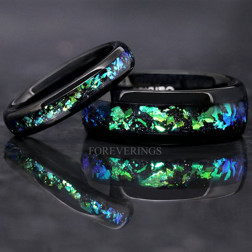 Rosette Nebula Ring Set, His and Her Tungsten Wedding Band, 8mm & 4mm Black Ring, Green Outer Space Couples Ring, Polish, Dome, Comfort Fit
