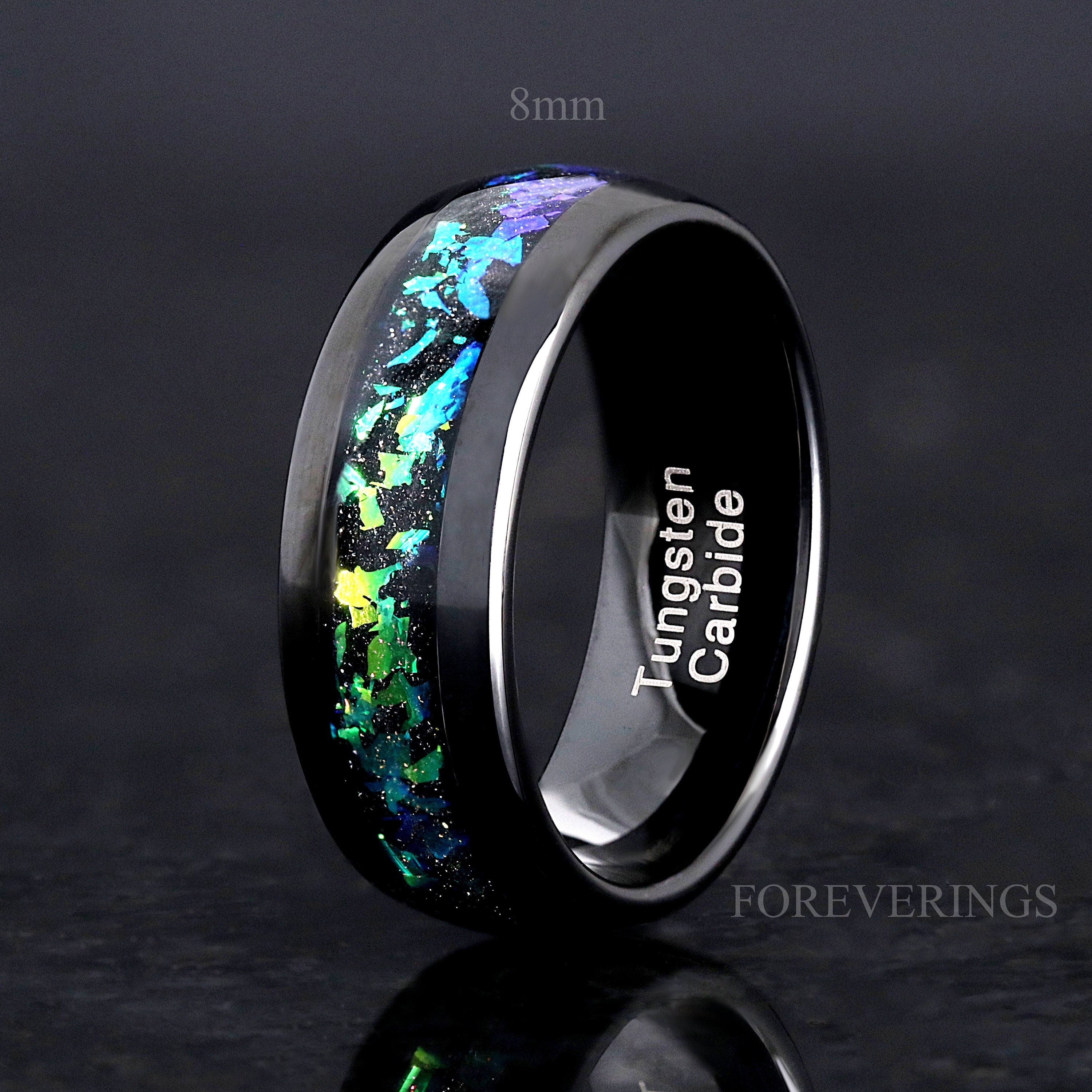 Rosette Nebula Ring Set, His and Her Tungsten Wedding Band, 8mm & 4mm Black Ring, Green Outer Space Couples Ring, Polish, Dome, Comfort Fit