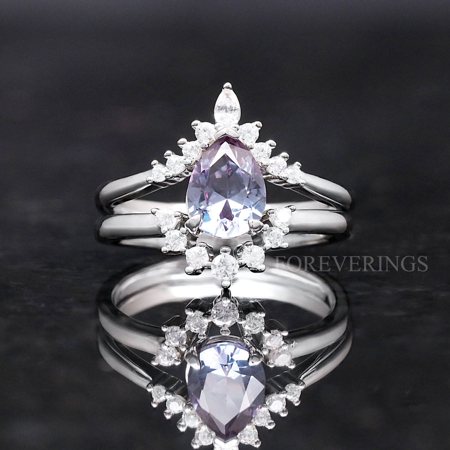 Alexandrite Ring Set, Crab Nebula Ring Set, Outer Space His and Her Tungsten Wedding Band, 925 Sterling Silver and Silver Tungsten Ring Set
