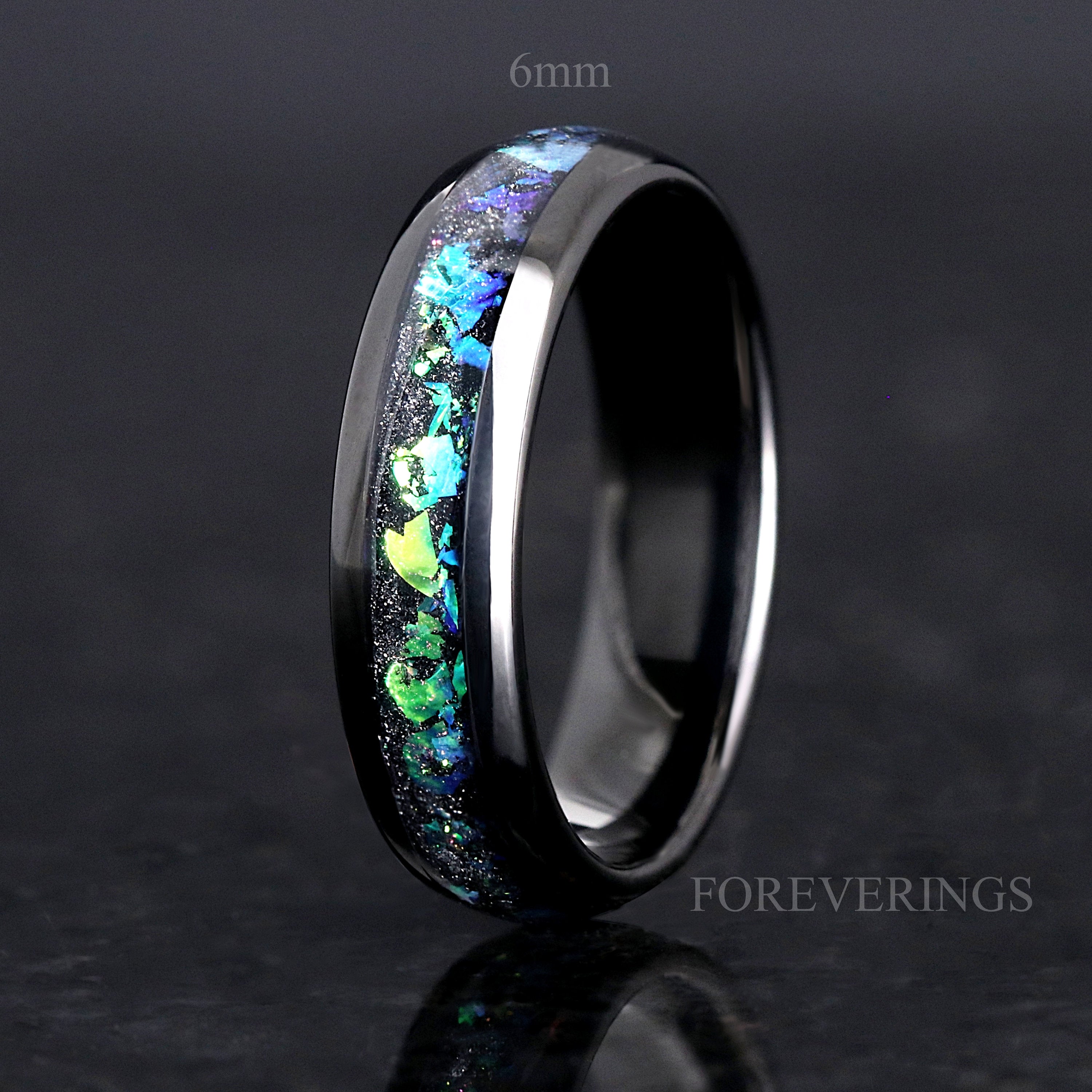 Rosette Nebula Ring, 8mm-6mm-4mm Tungsten Wedding Band, Green Outer Space Ring, Comfort Fit, Black, Dome, Polish, Birthday Anniversary Gift