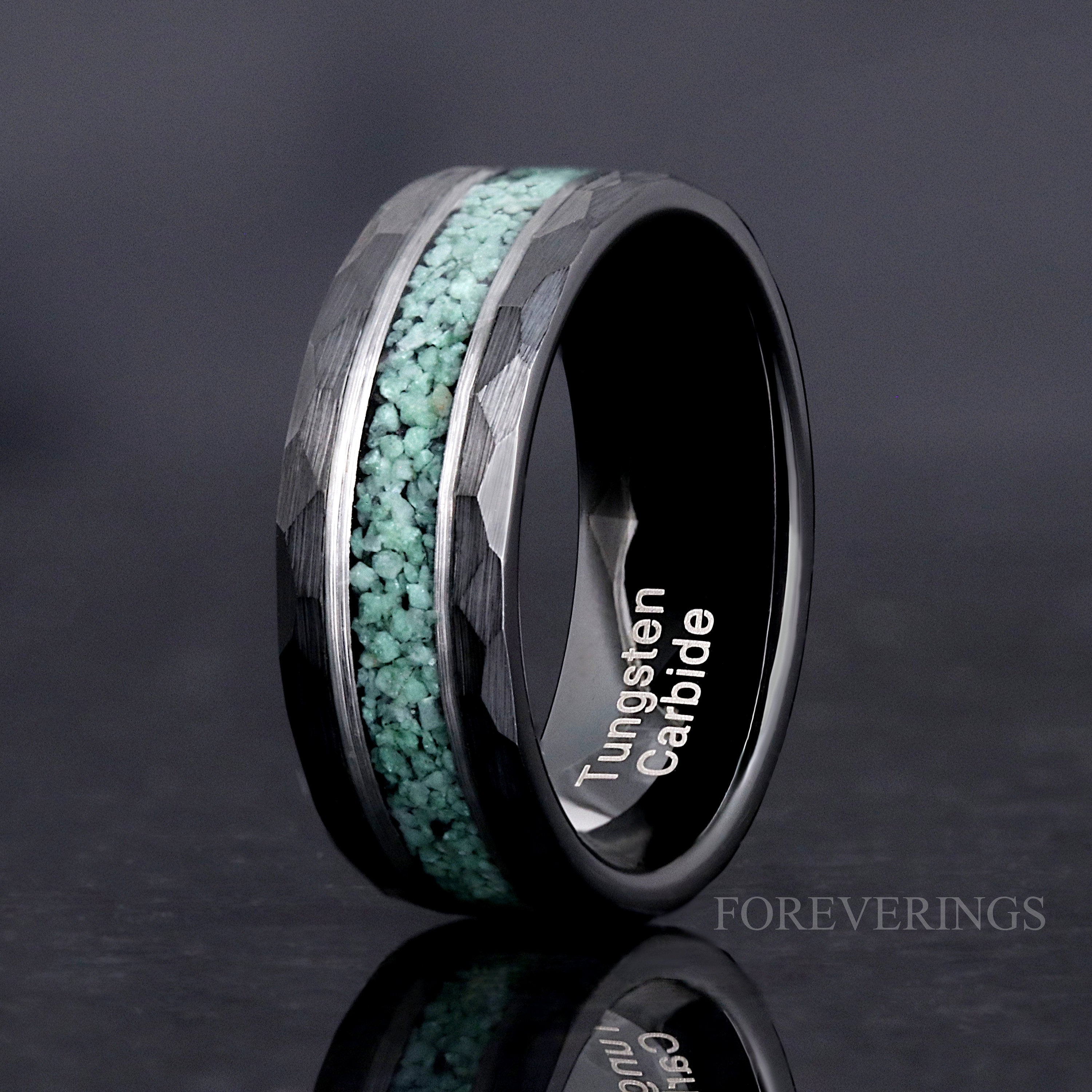 Hammered Green Moss Agate Ring, Mens Wedding Band, 8mm 6mm Tungsten Ring, Matte Black Hammered Band, Brushed Nature Ring, Ring Engraving