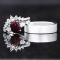 Matching sterling silver couples ring set: black fire opal engagement ring and 6mm matte silver band