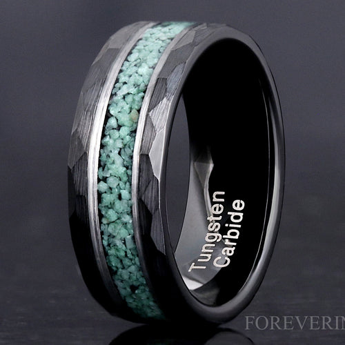 Hammered Green Moss Agate Ring, Mens Wedding Band, 8mm 6mm Tungsten Ring, Matte Black Hammered Band, Brushed Nature Ring, Ring Engraving