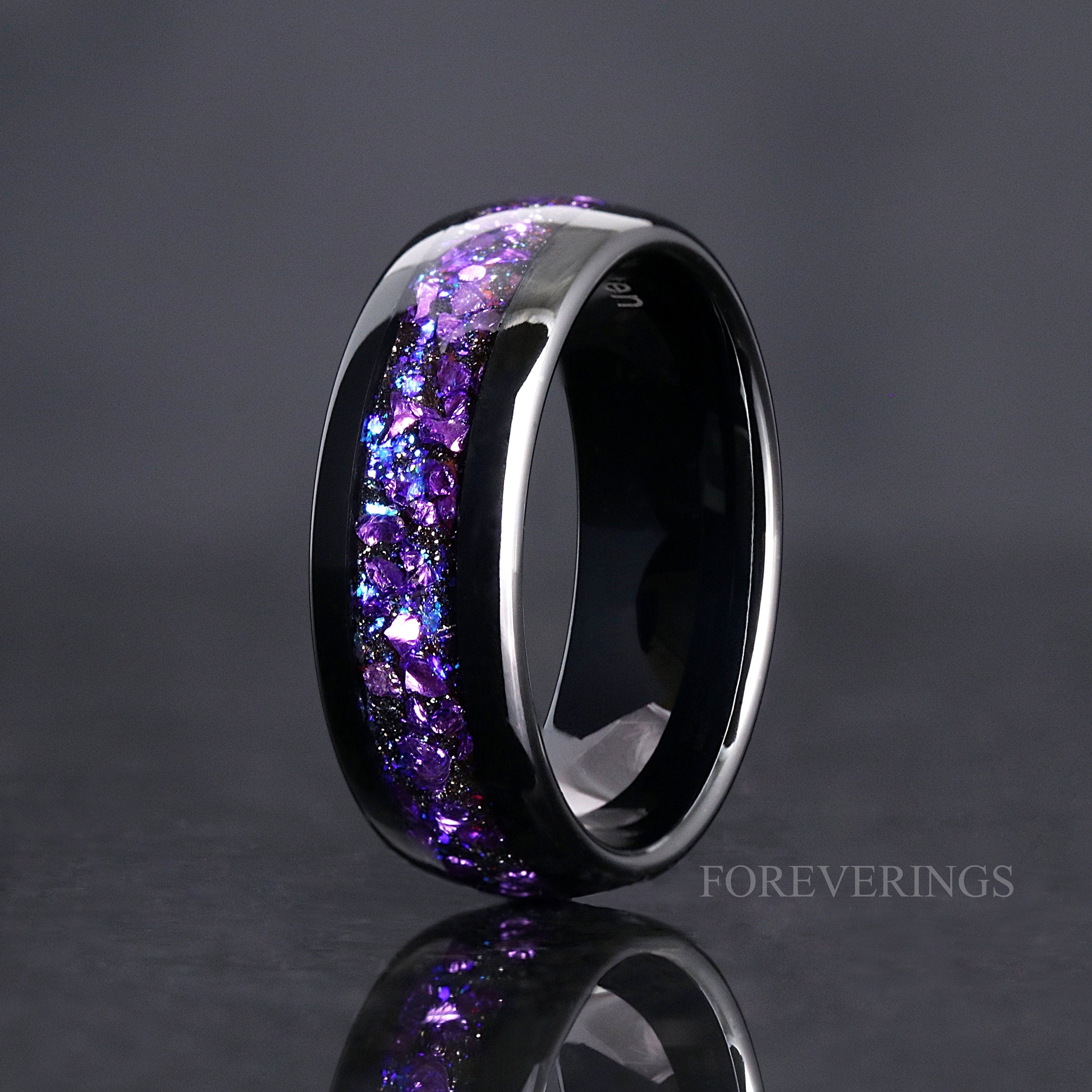 Alexandrite Ring Set, Crab Nebula, Outer Space His and Her Tungsten Wedding Band, 925 Sterling Silver and Tungsten, Black Gold Filled Ring