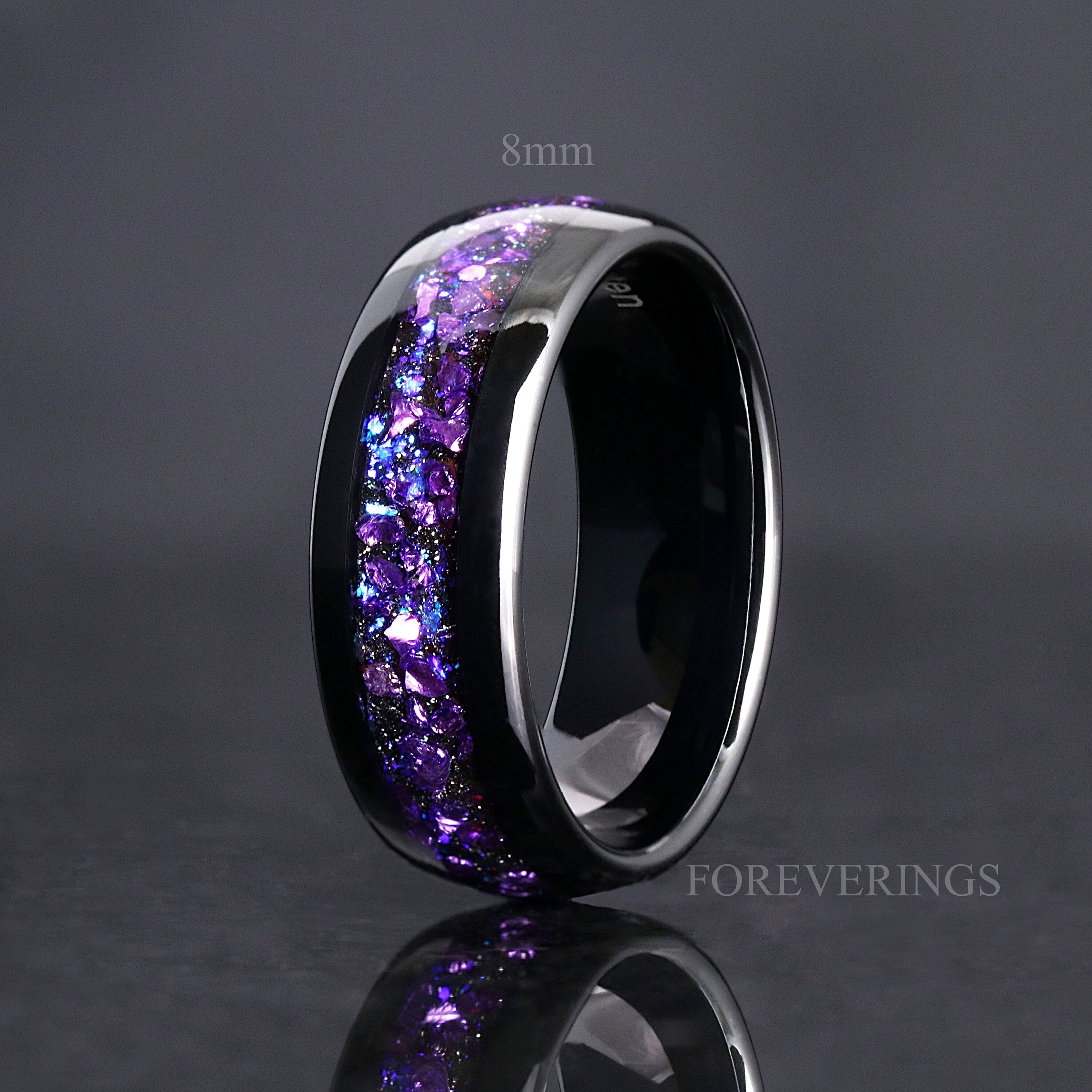 Crab Nebula Ring, Alexandrite Wedding Band, Black Tungsten, 8mm-6mm-4mm Outer Space Ring, Black, Dome, Polish, Unique Purple Ring, Engraving